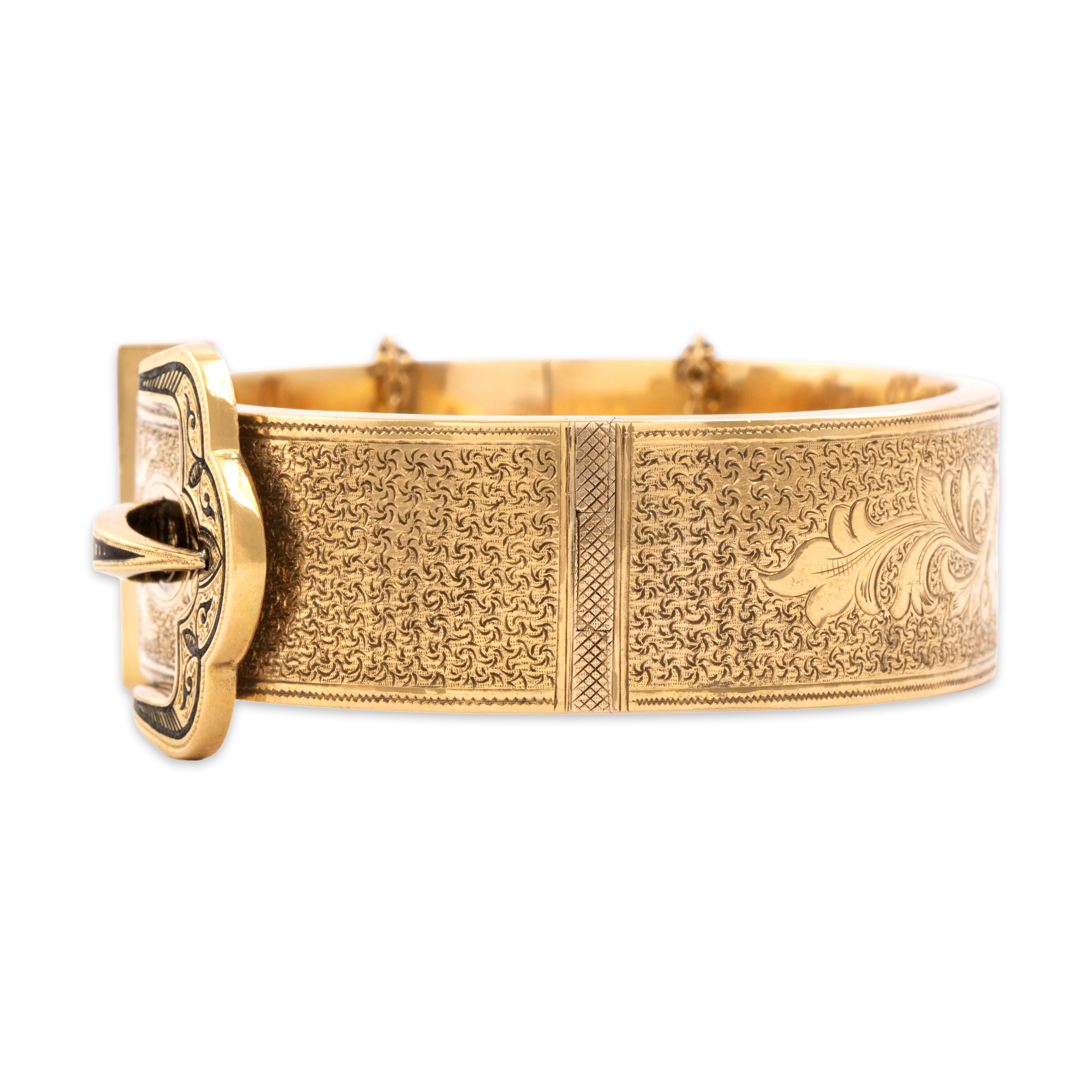 Antique Victorian Large 14k Yellow Gold Fabulous Engraved Enamel Buckle Bangle Bracelet - Side view