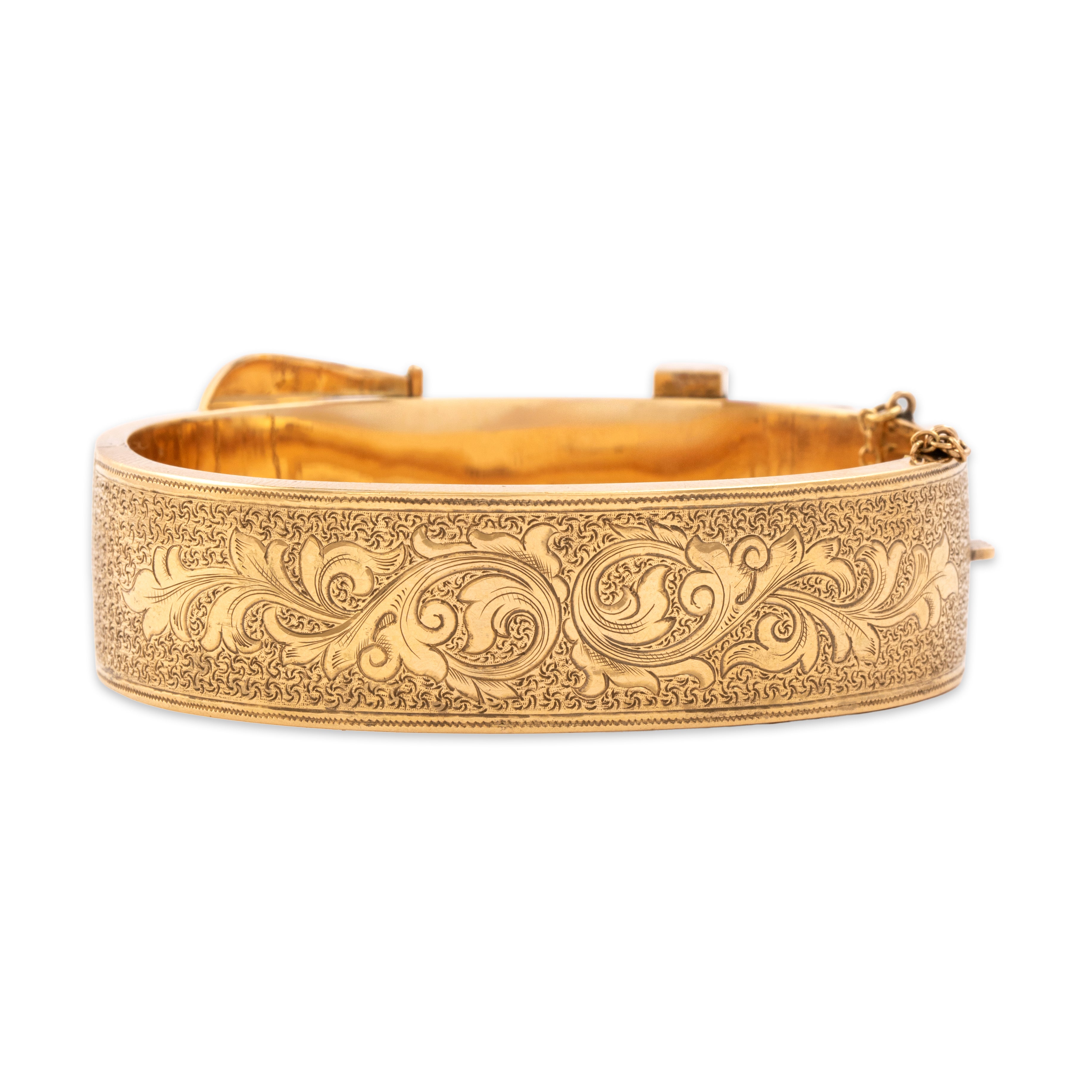 Antique Victorian Large 14k Yellow Gold Fabulous Engraved Enamel Buckle Bangle Bracelet - Close-up view