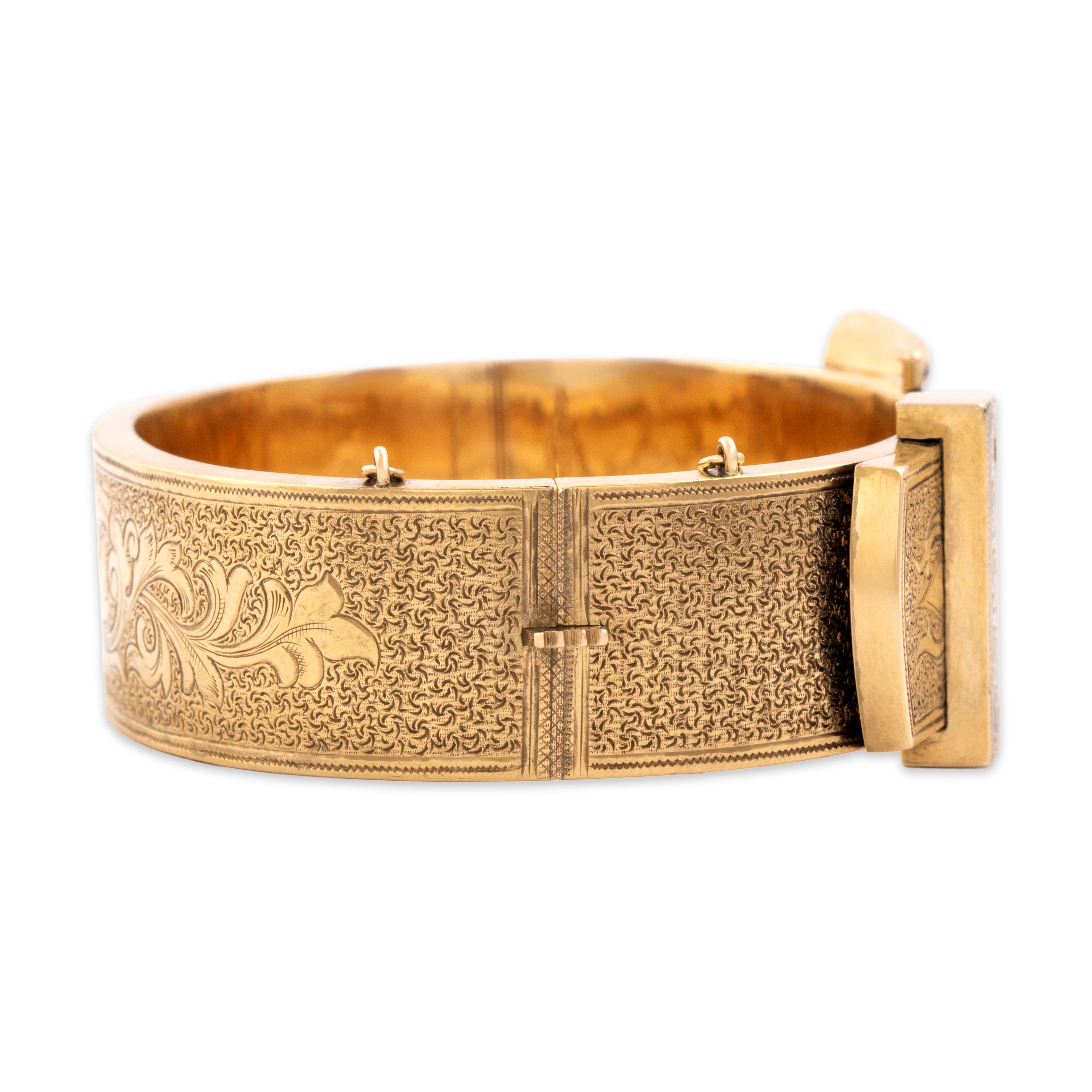 Antique Victorian Large 14k Yellow Gold Fabulous Engraved Enamel Buckle Bangle Bracelet - Side view
