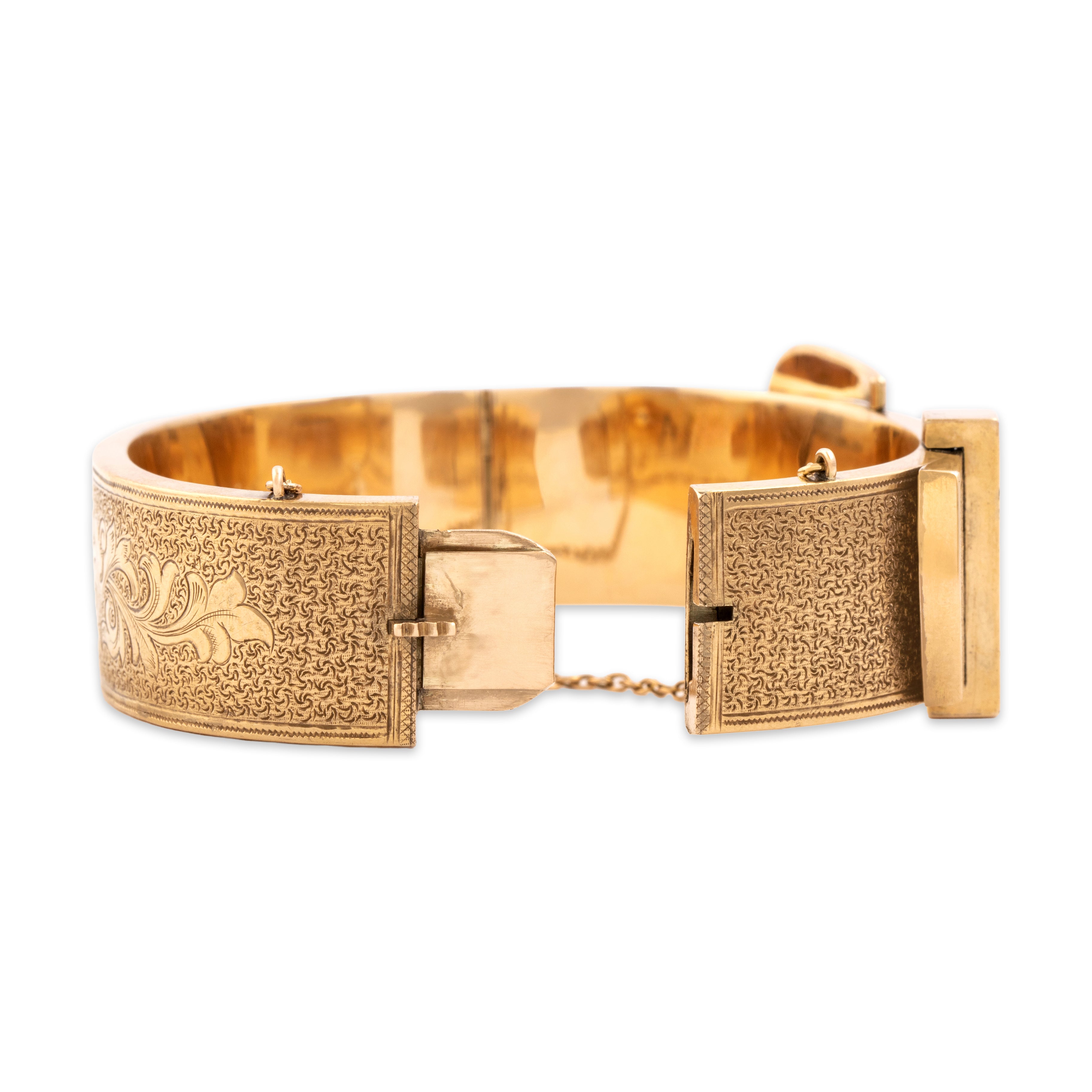 Antique Victorian Large 14k Yellow Gold Fabulous Engraved Enamel Buckle Bangle Bracelet - detail view #4