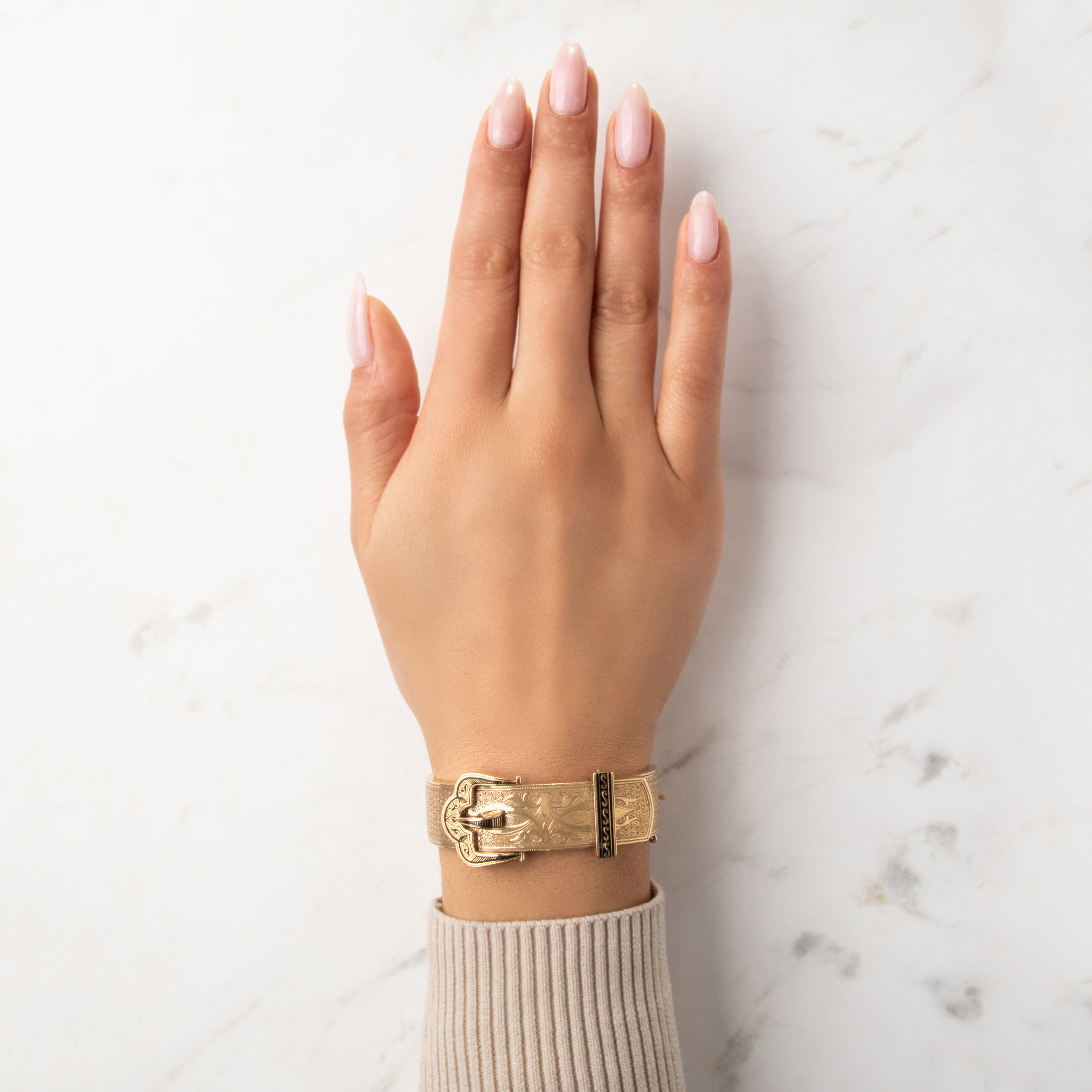 Antique Victorian Large 14k Yellow Gold Fabulous Engraved Enamel Buckle Bangle Bracelet - On model view