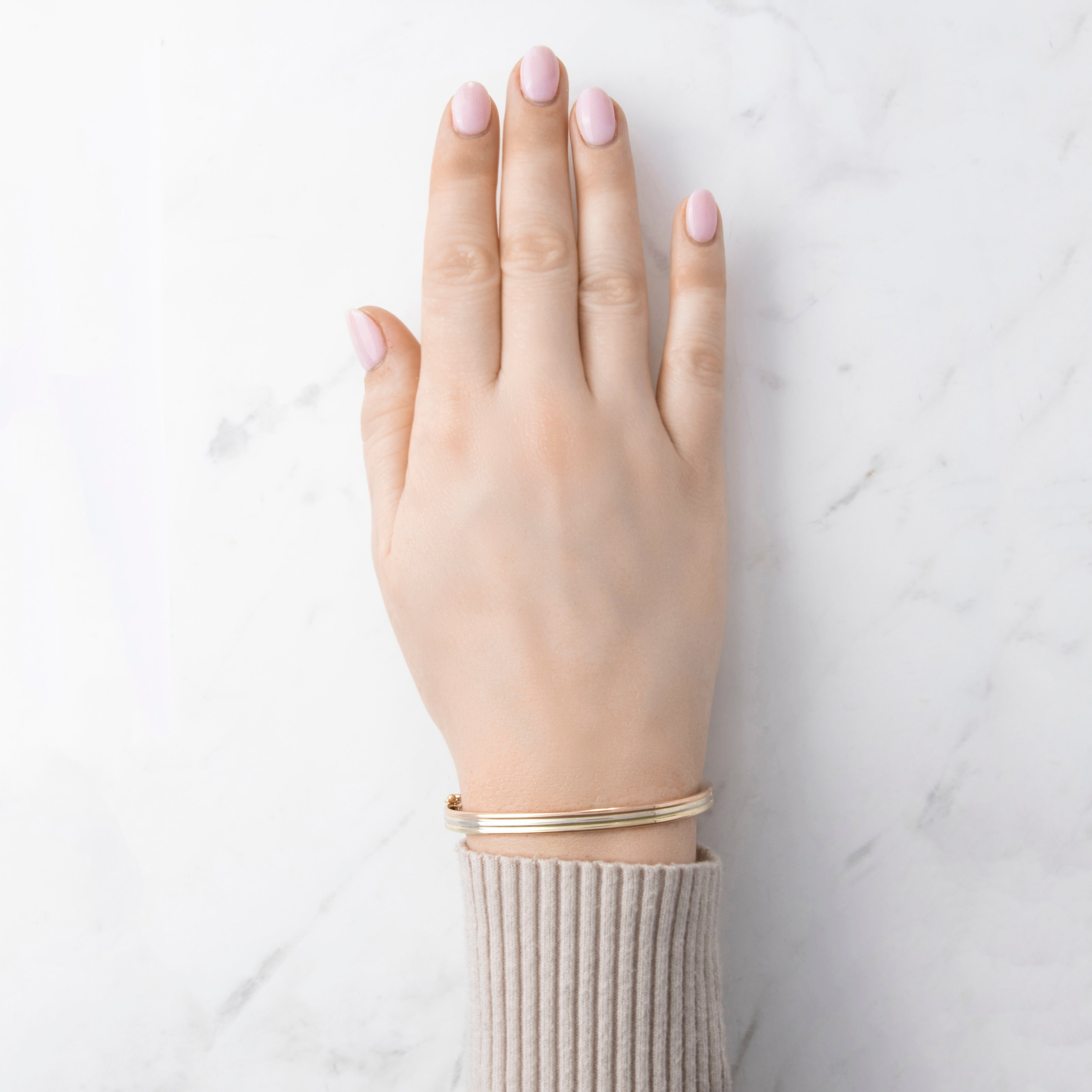 Vintage Italian 14k Tricolor Gold Sleek Geometric Triple Row Bangle Bracelet - On model view