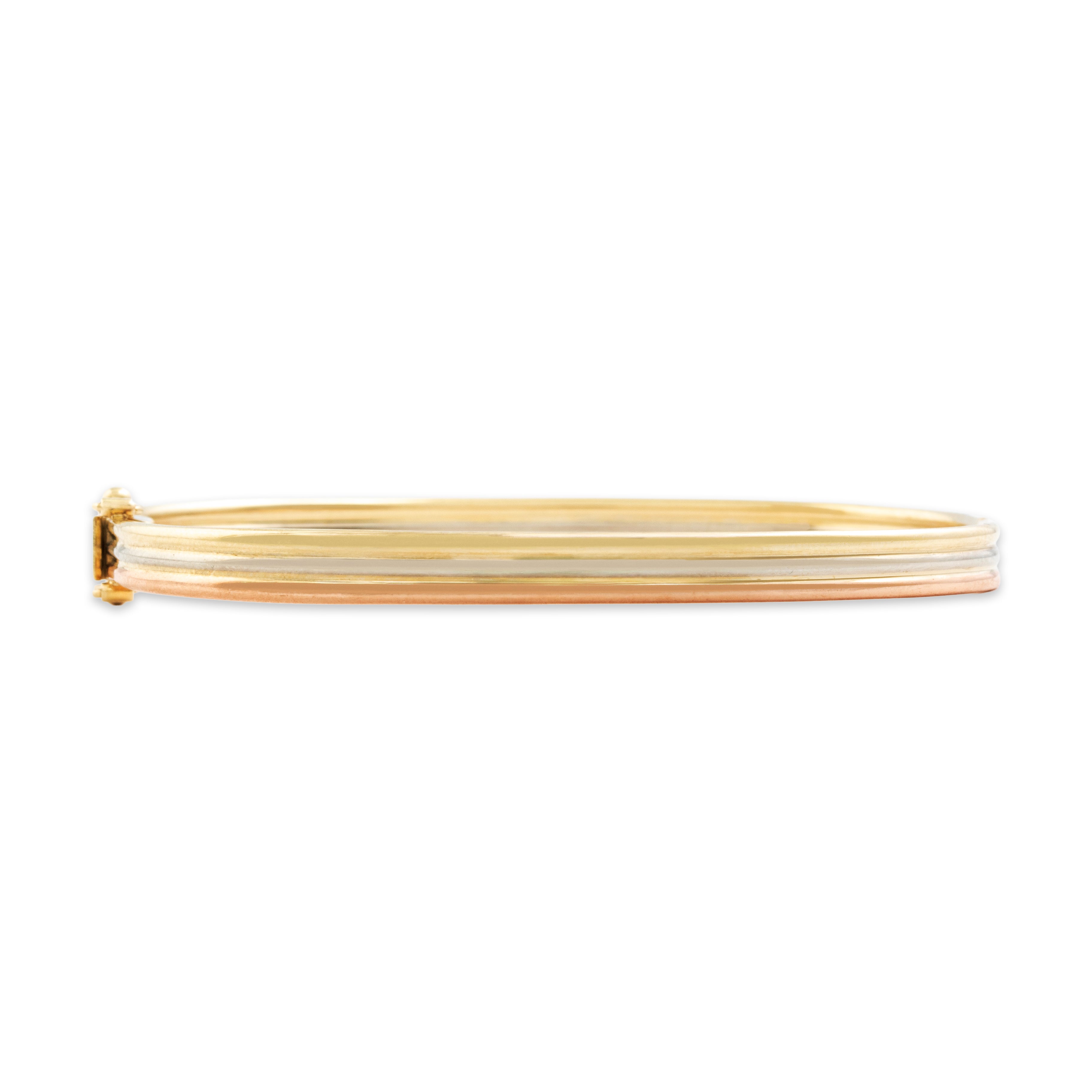 Vintage Italian 14k Tricolor Gold Sleek Geometric Triple Row Bangle Bracelet - detail view #1