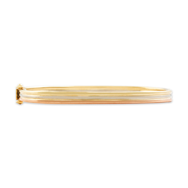 Vintage Italian 14k Tricolor Gold Geometric Triple Row Bangle Bracelet 6.75