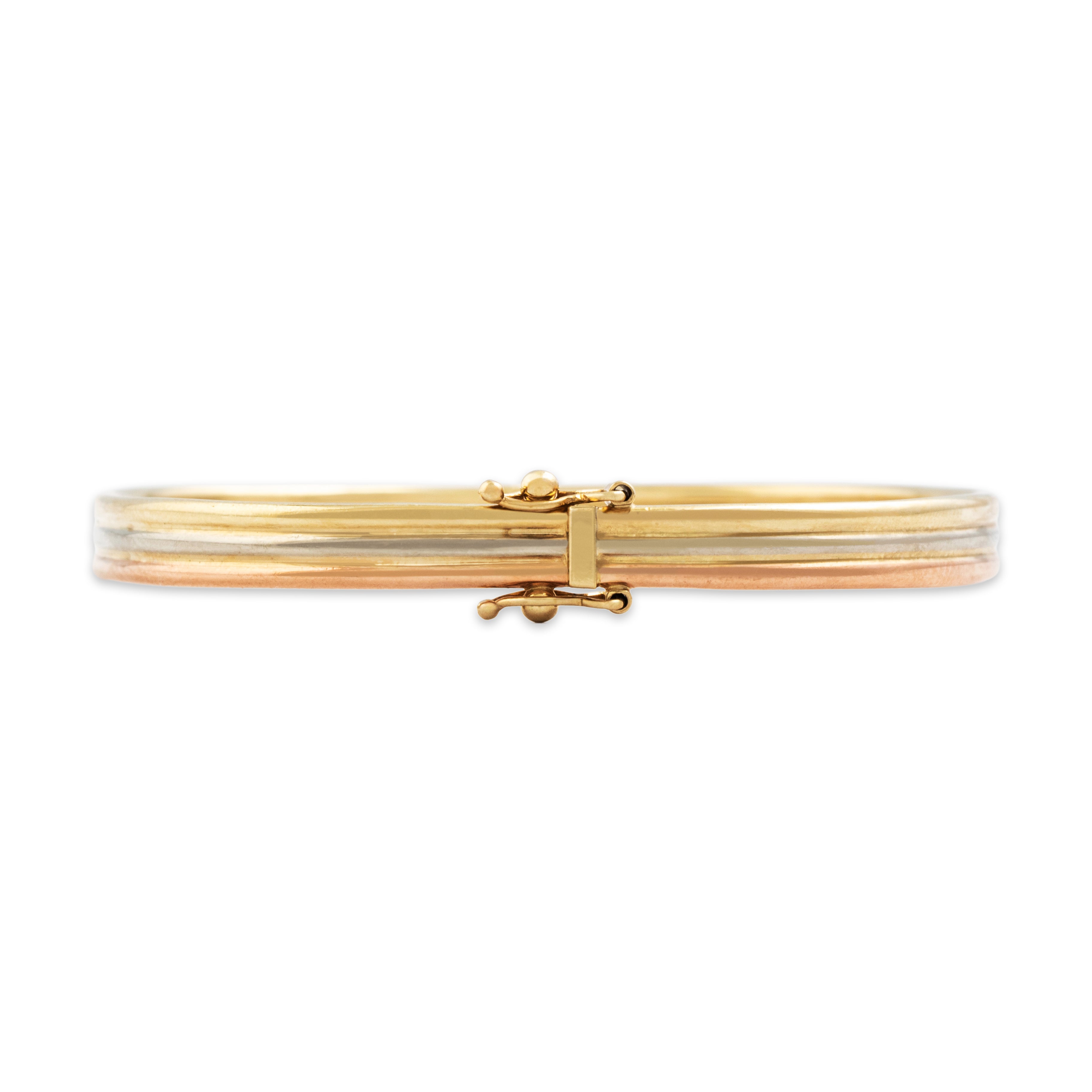 Vintage Italian 14k Tricolor Gold Sleek Geometric Triple Row Bangle Bracelet - Overall view