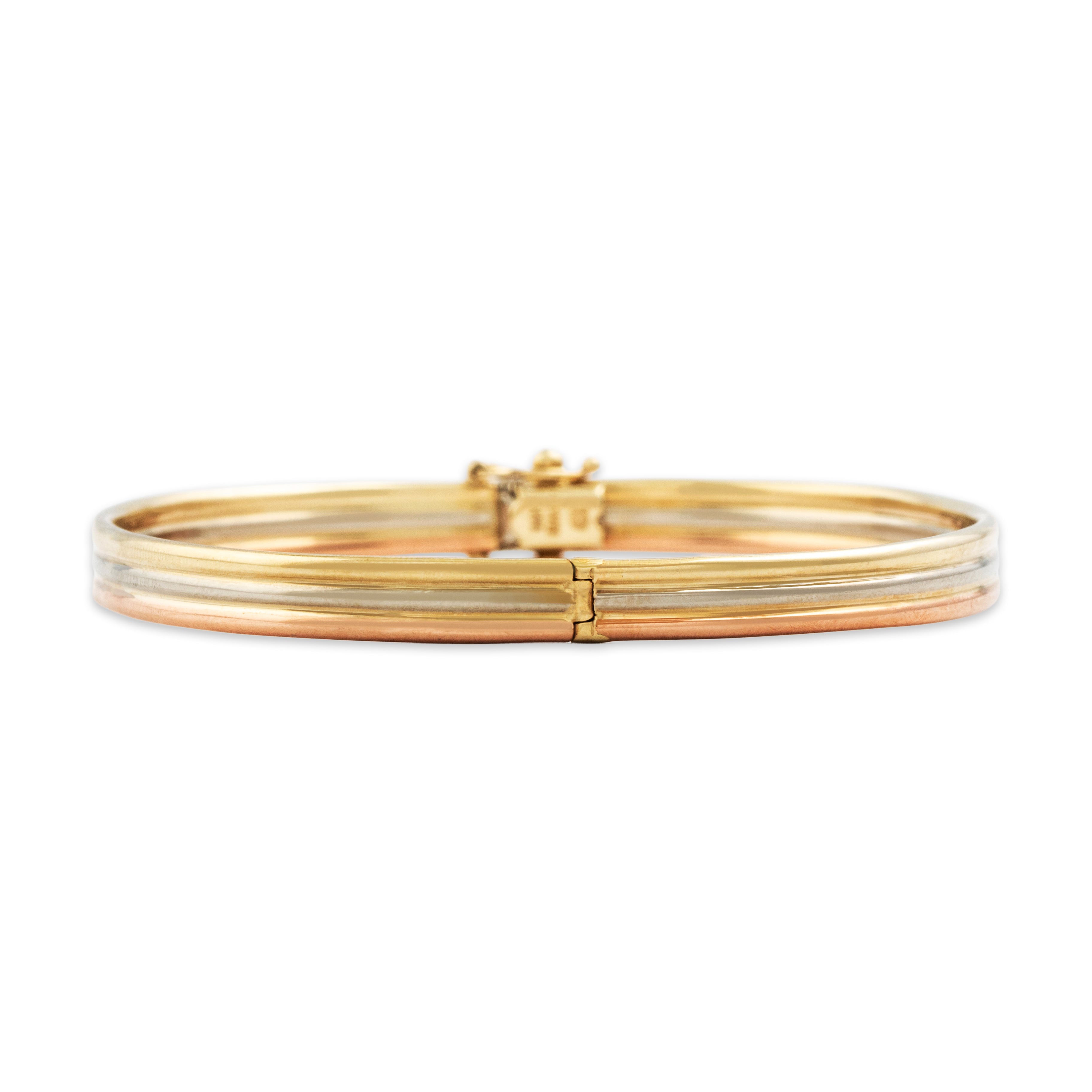 Vintage Italian 14k Tricolor Gold Sleek Geometric Triple Row Bangle Bracelet - detail view #4