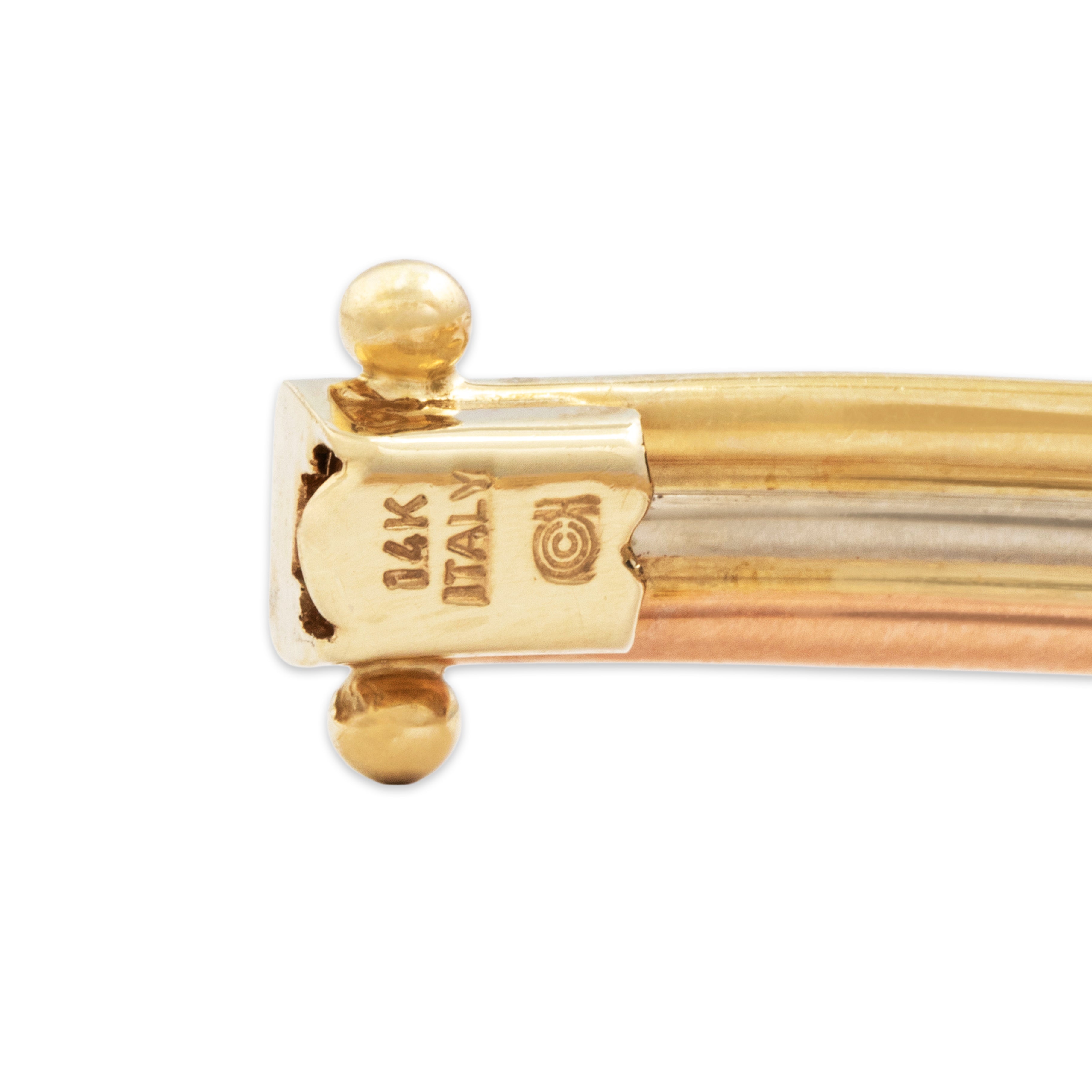 Vintage Italian 14k Tricolor Gold Sleek Geometric Triple Row Bangle Bracelet - Hallmark view