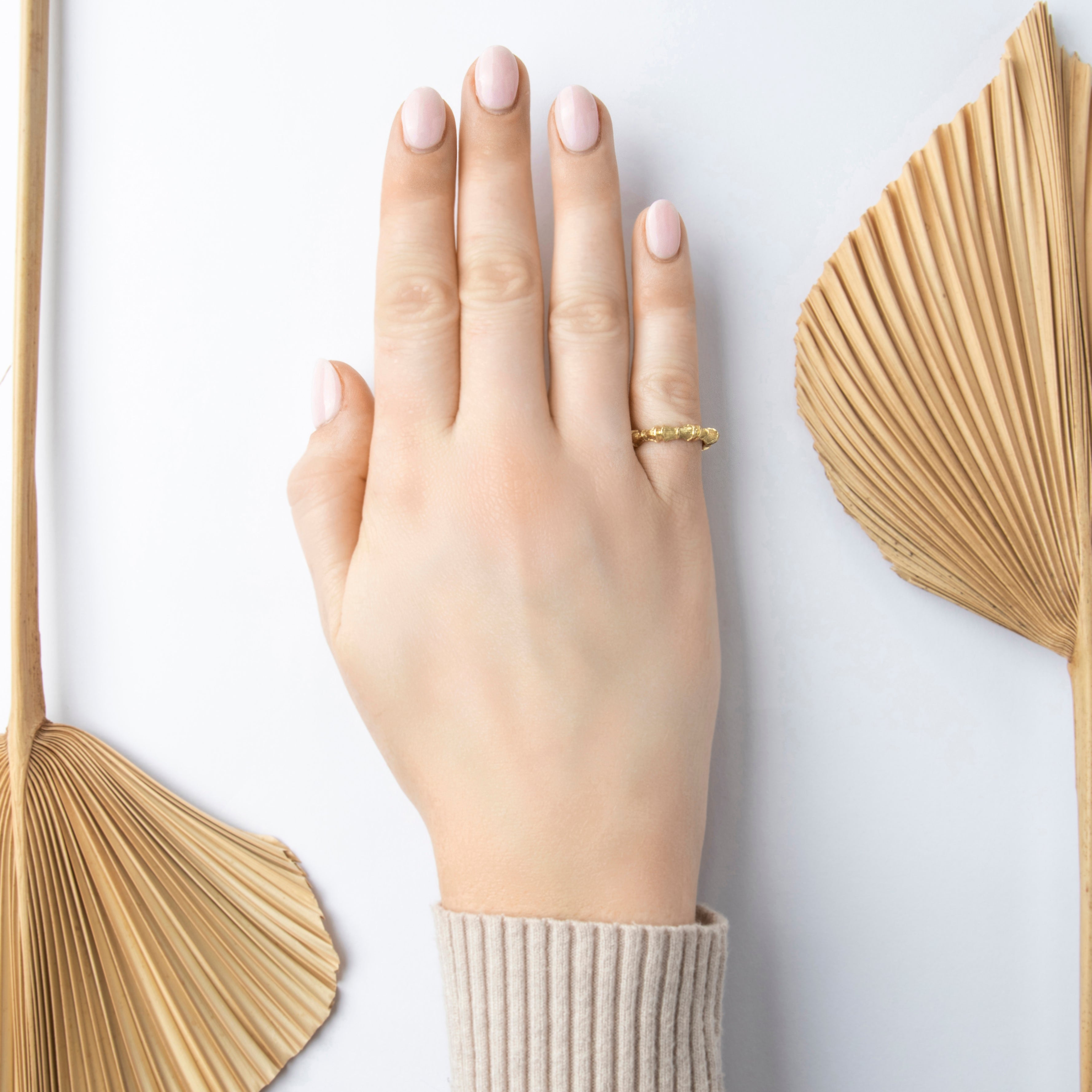 Vintage 14k Yellow Gold Artistic Textured Bamboo Eternity Band Ring - On model view