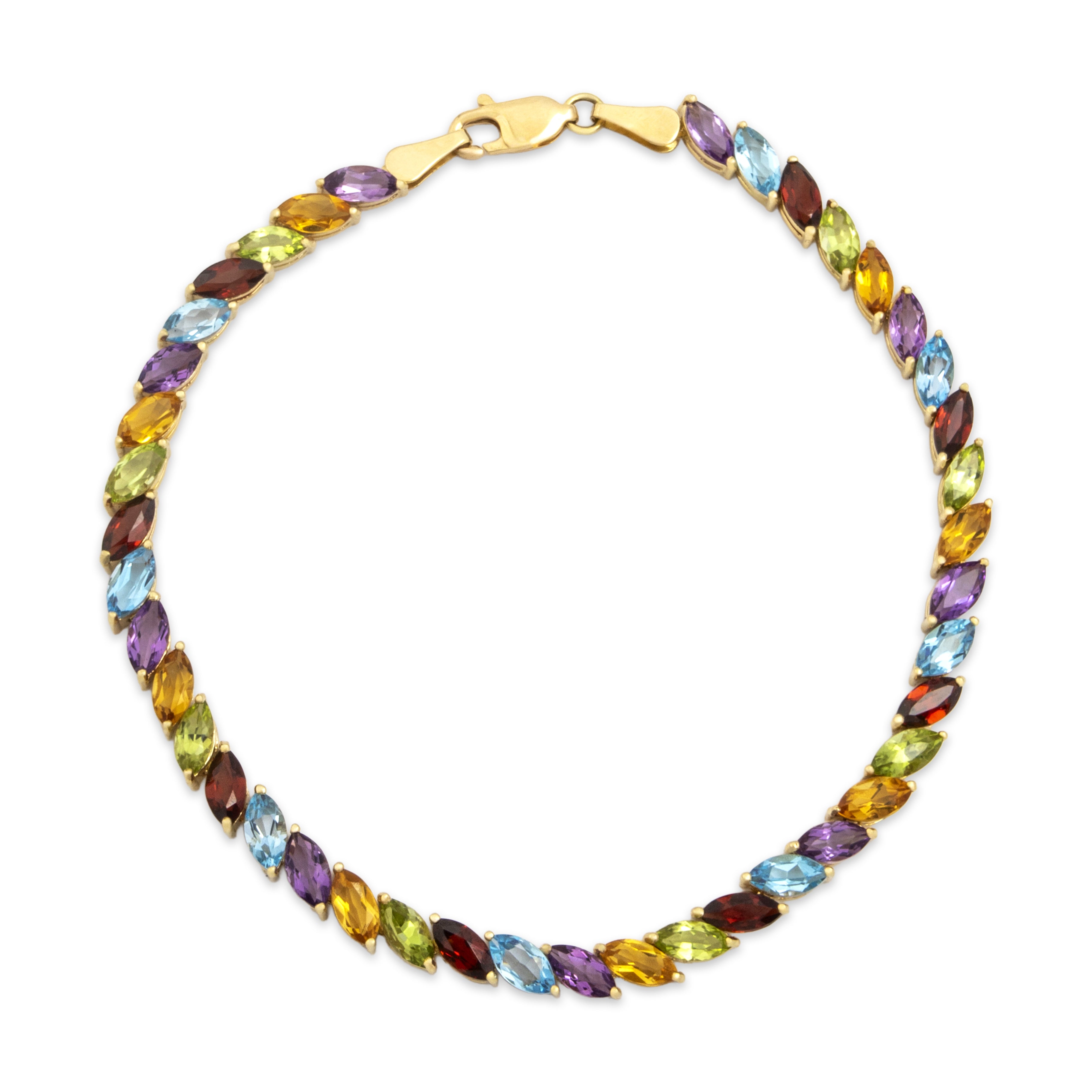 Vintage 14k Yellow Gold 1.82cttw Blue Topaz 1.68cttw Garnet 1.58cttw Peridot 1.48cttw Amethyst 1.31cttw Citrine Rainbow Marquise Multistone Bracelet - Overall view