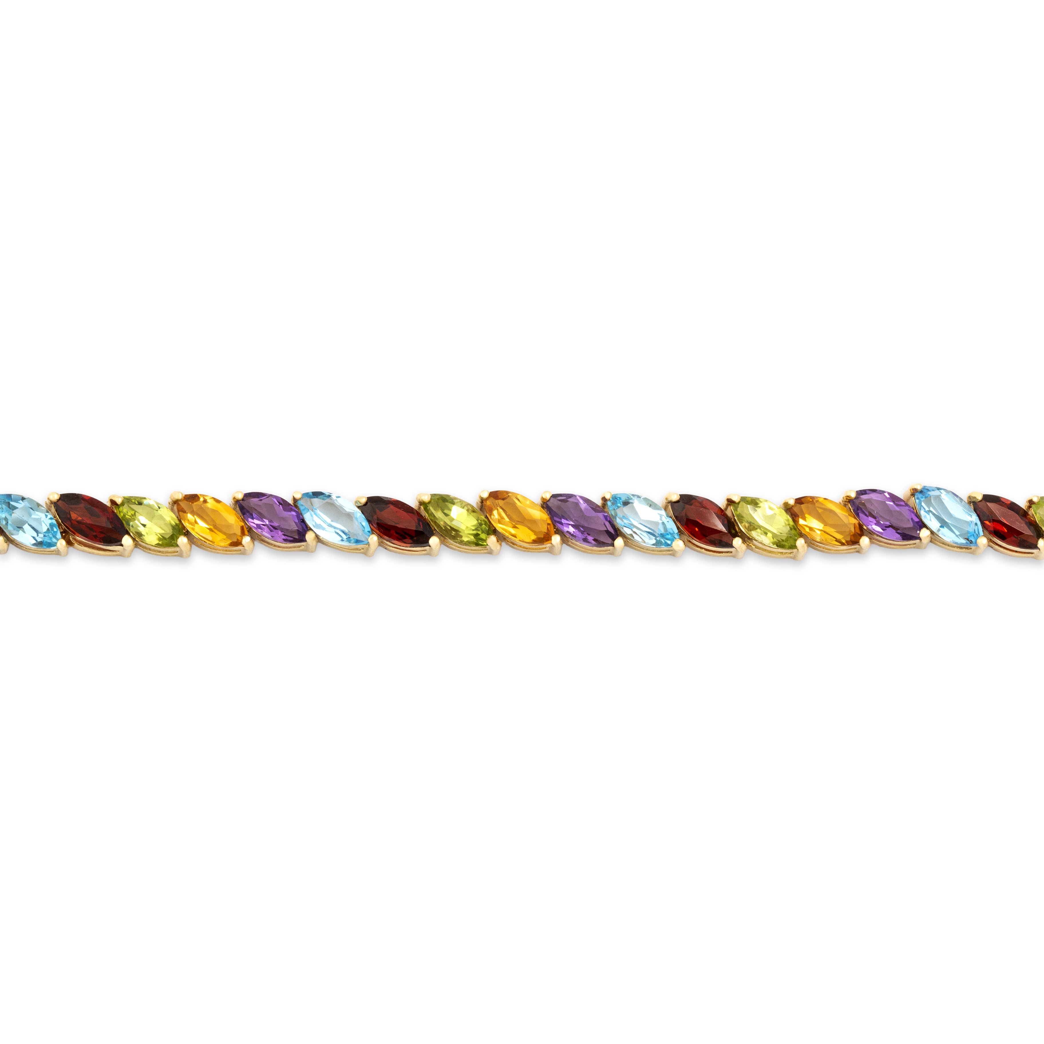 Vintage 14k Yellow Gold 1.82cttw Blue Topaz 1.68cttw Garnet 1.58cttw Peridot 1.48cttw Amethyst 1.31cttw Citrine Rainbow Marquise Multistone Bracelet - Close-up view