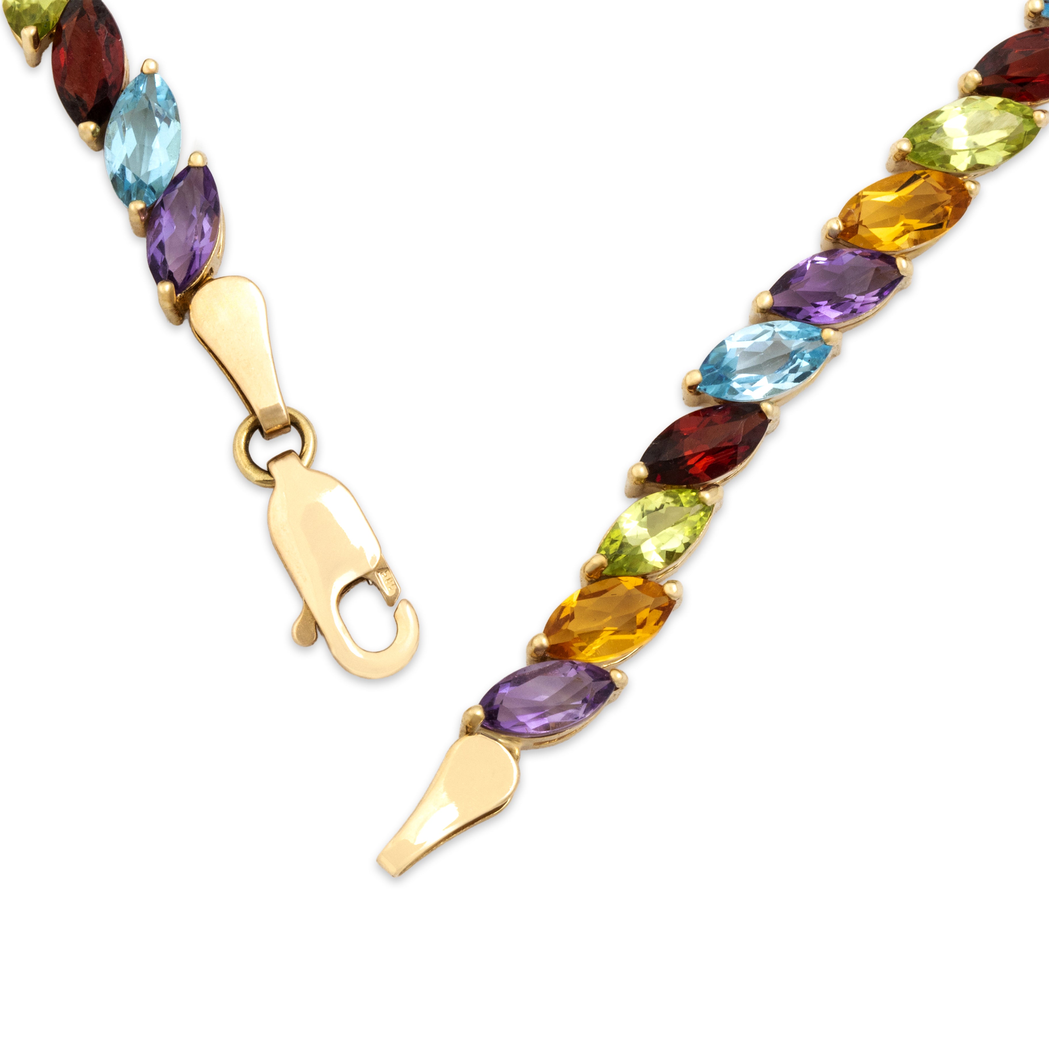 Vintage 14k Yellow Gold 1.82cttw Blue Topaz 1.68cttw Garnet 1.58cttw Peridot 1.48cttw Amethyst 1.31cttw Citrine Rainbow Marquise Multistone Bracelet - clasp view