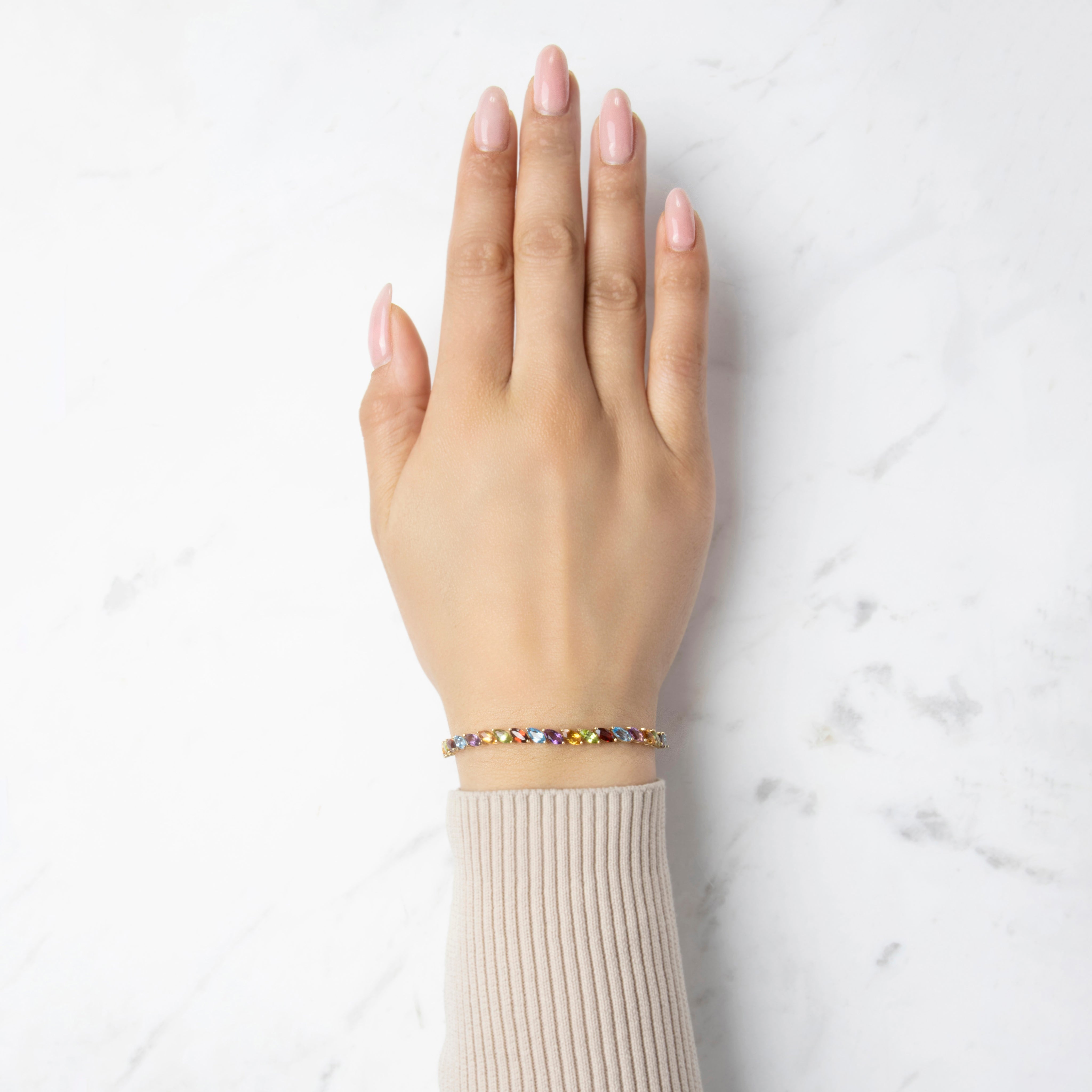 Vintage 14k Yellow Gold 1.82cttw Blue Topaz 1.68cttw Garnet 1.58cttw Peridot 1.48cttw Amethyst 1.31cttw Citrine Rainbow Marquise Multistone Bracelet - On model view