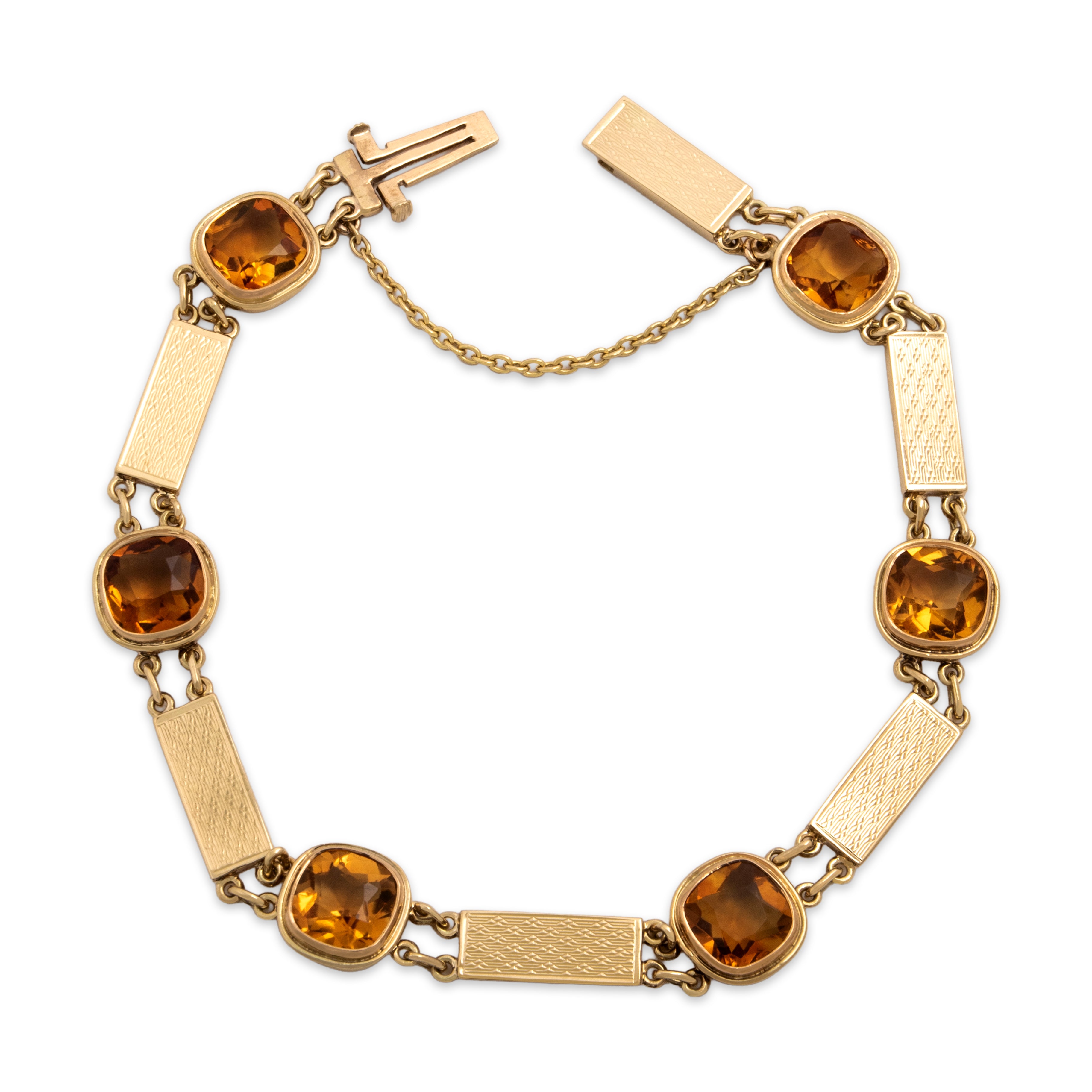Vintage 14k Yellow Gold 6.47cttw Citrine Wonderful Textured Bar Link Bracelet - Overall view