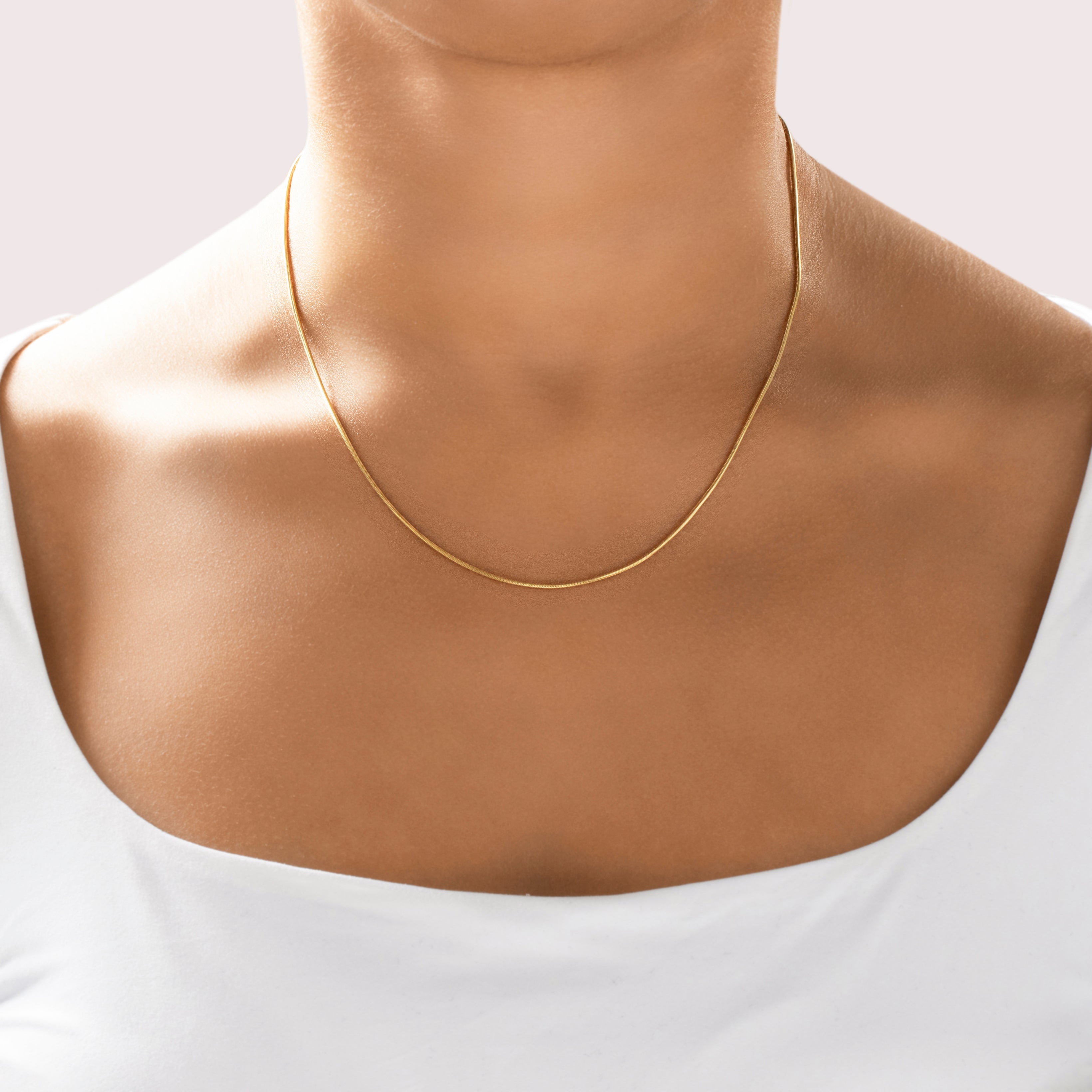 Vintage Italian 14k Yellow Gold Sleek Snake Chain Necklace - On model view