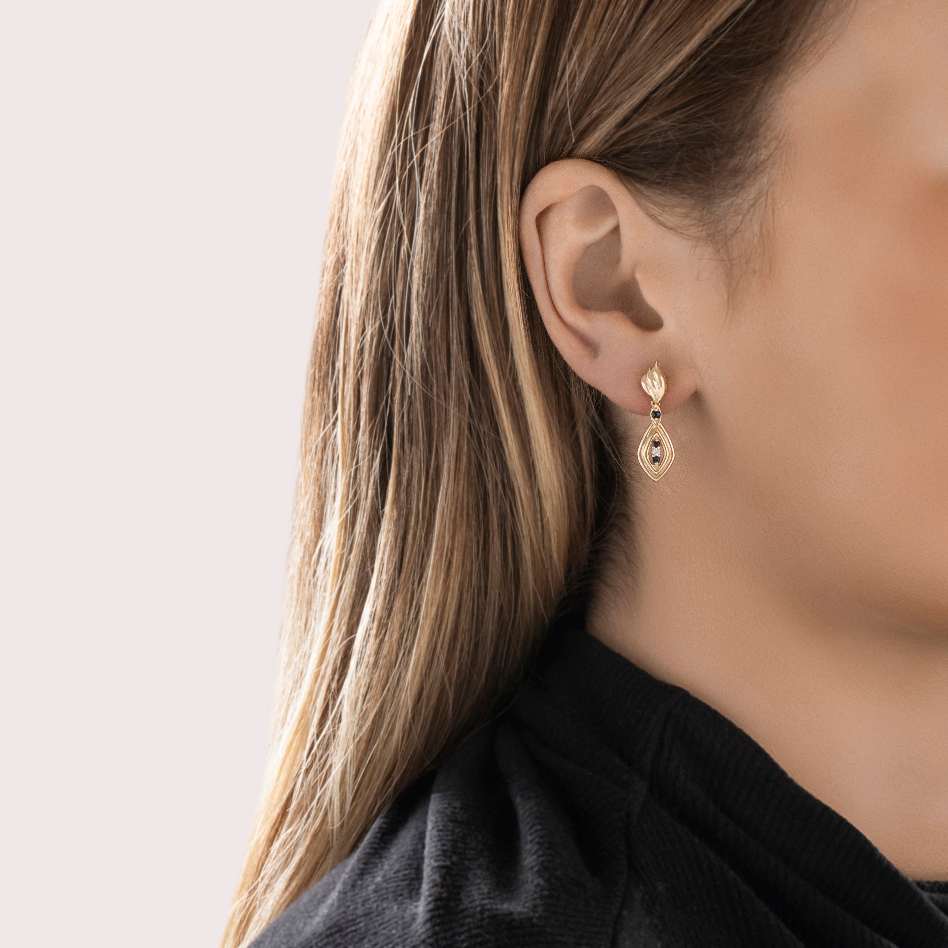 Vintage 14k Yellow Gold Blue Sapphire Diamond Elegant Framed Dangle Earrings - On model view