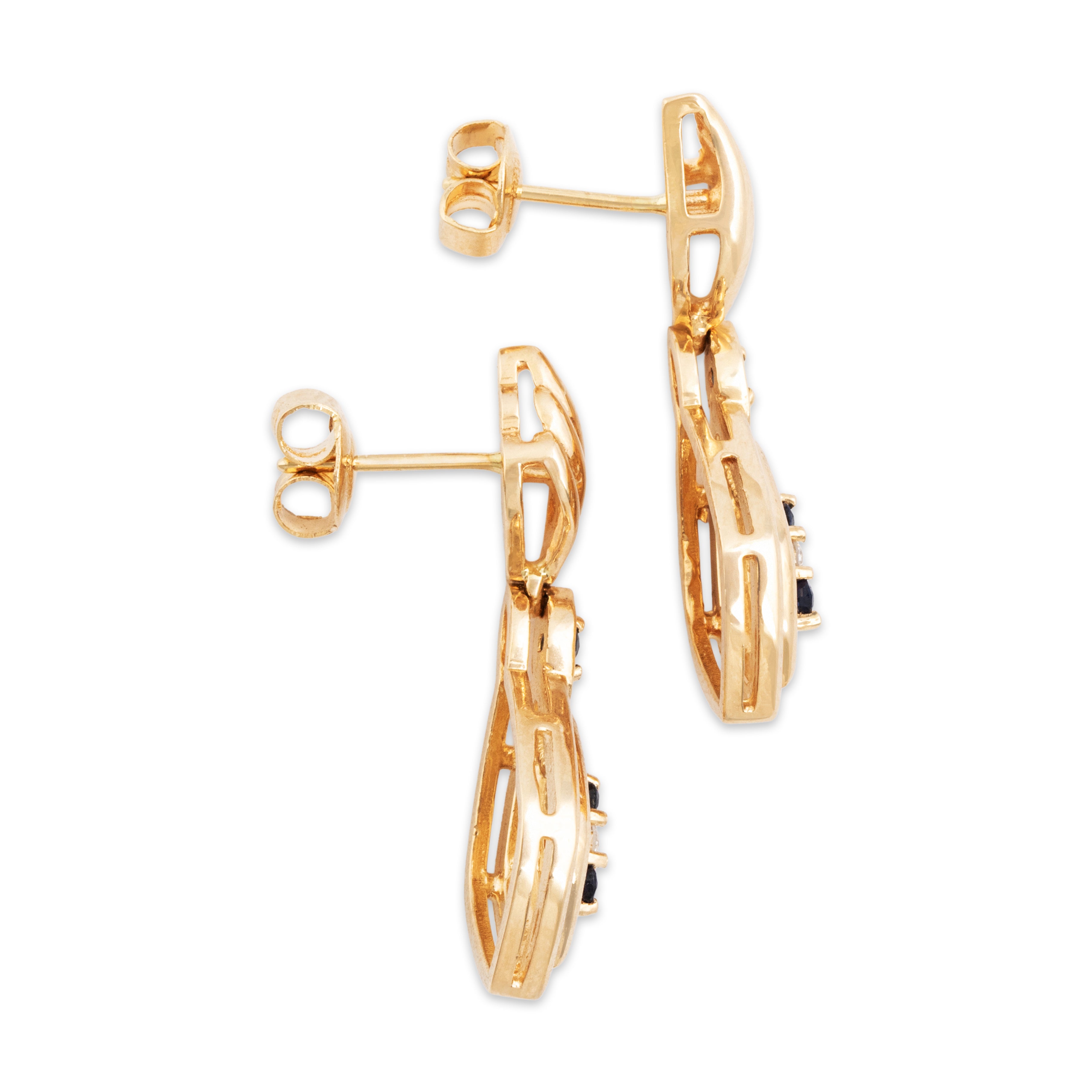 Vintage 14k Yellow Gold Blue Sapphire Diamond Elegant Framed Dangle Earrings - Side view
