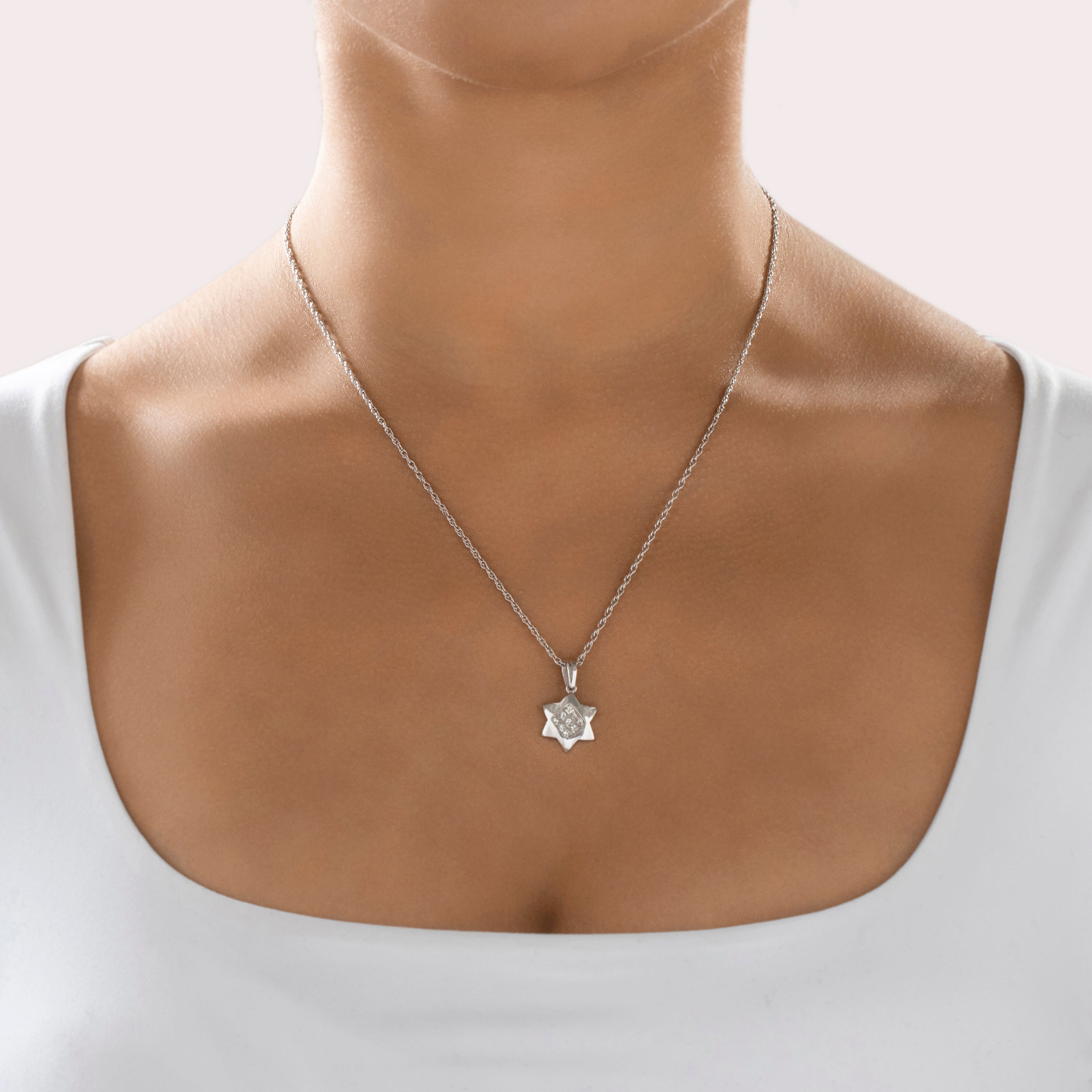 Heavy Vintage 18k White Gold Diamond Invisible-Set Star Of David Pendant - On model view