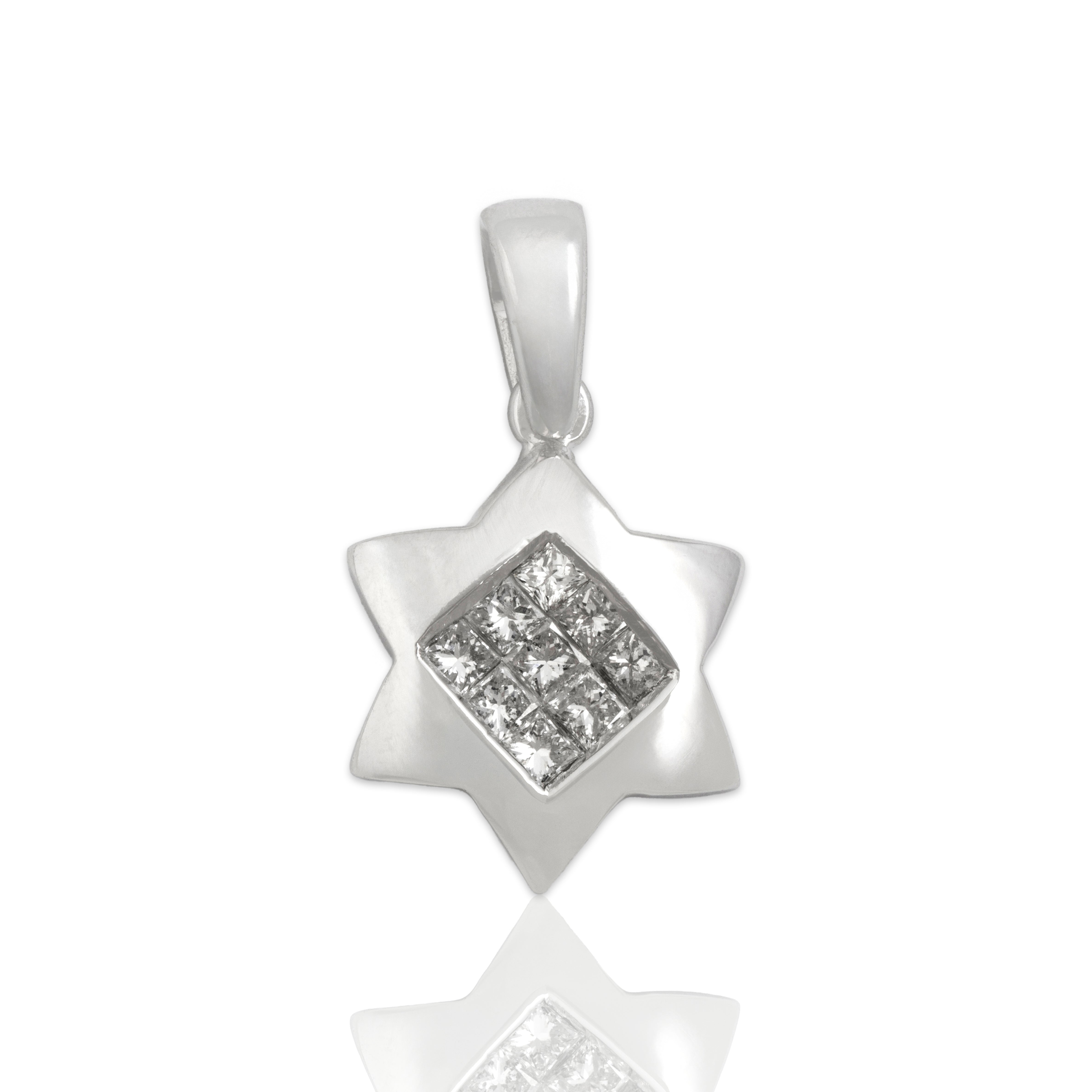 Heavy Vintage 18k White Gold Diamond Invisible-Set Star Of David Pendant - Close-up view