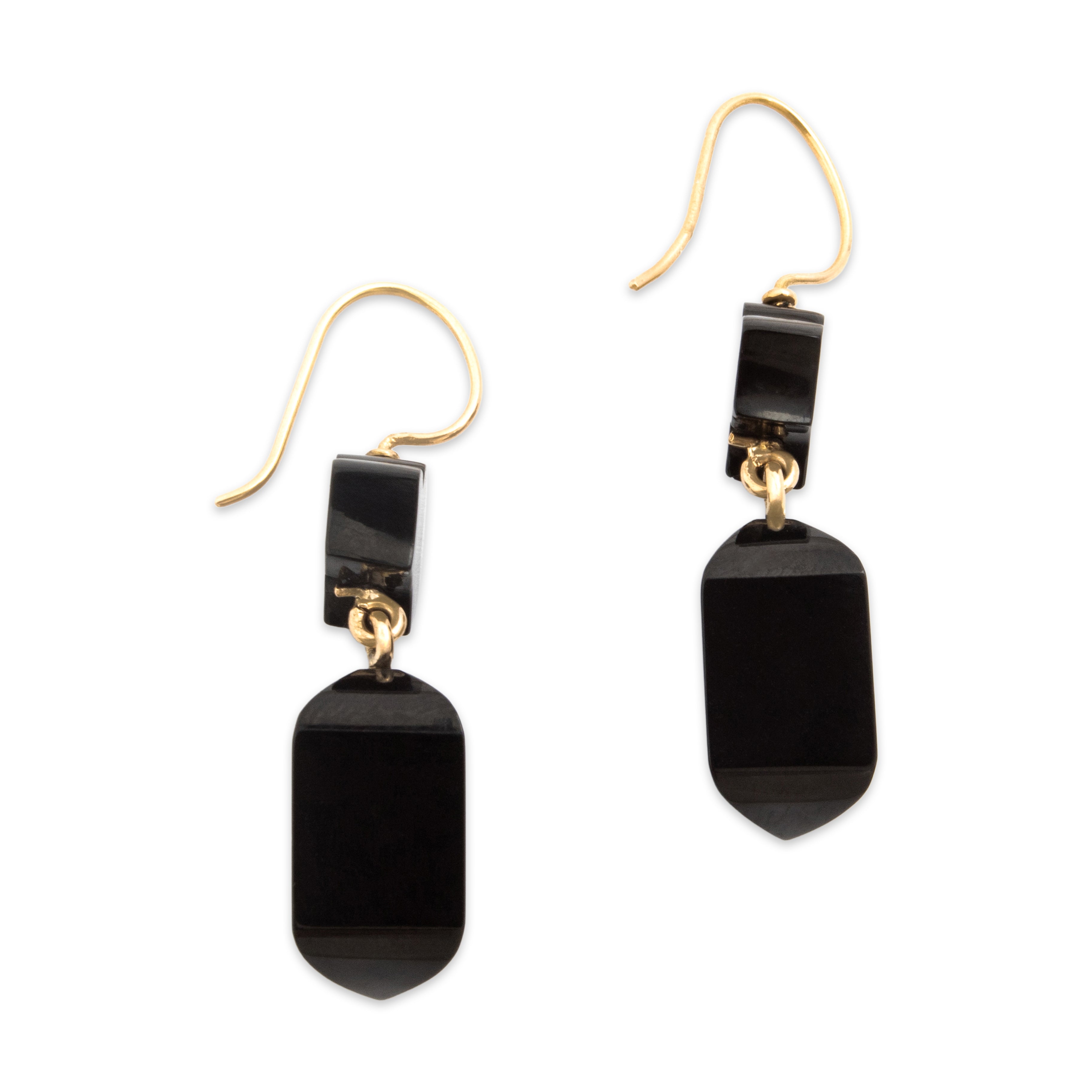 Antique Victorian 18k Rosy Yellow Gold Jet Wonderful Architectural Dangle Earrings - Side view