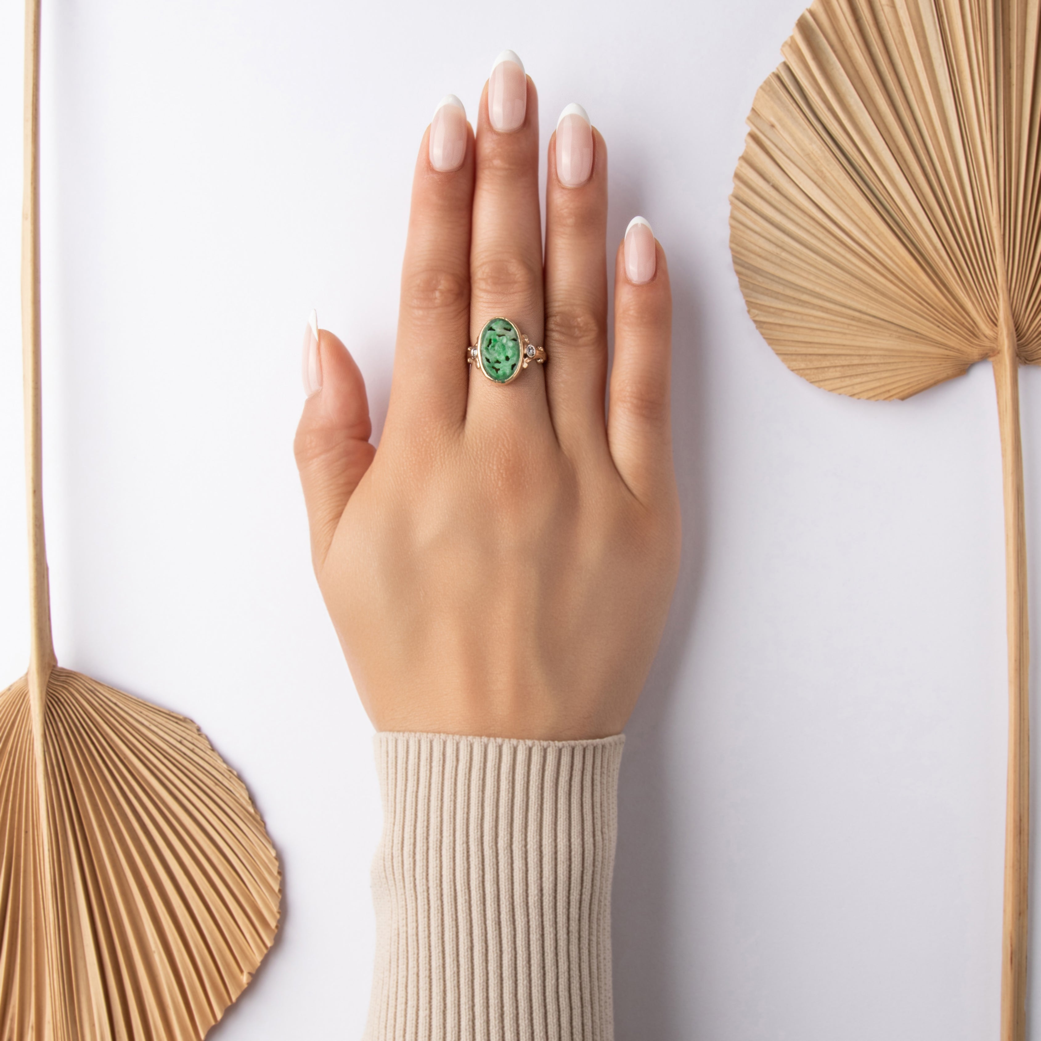 Antique 14k Yellow Gold 3.48ct Jade Old Mine Cut Diamond Lush Carved Floral Sparkle Ring - On model view