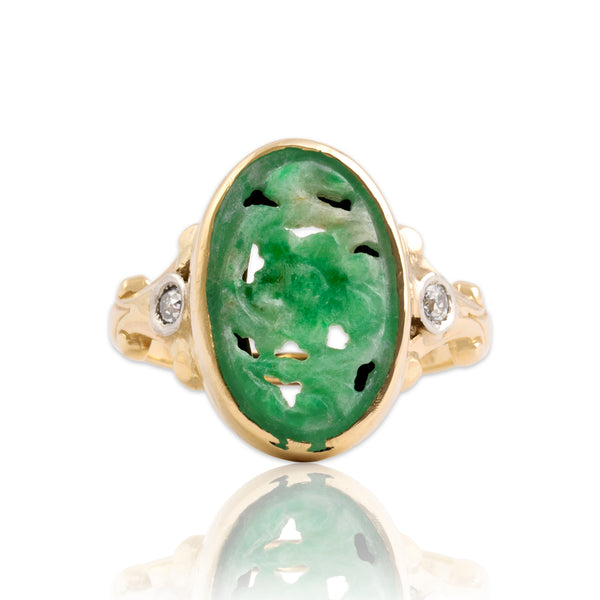 Antique 14k Yellow Gold 3.48ct Jade Old Mine Cut Diamond Carved Floral Ring 8.50
