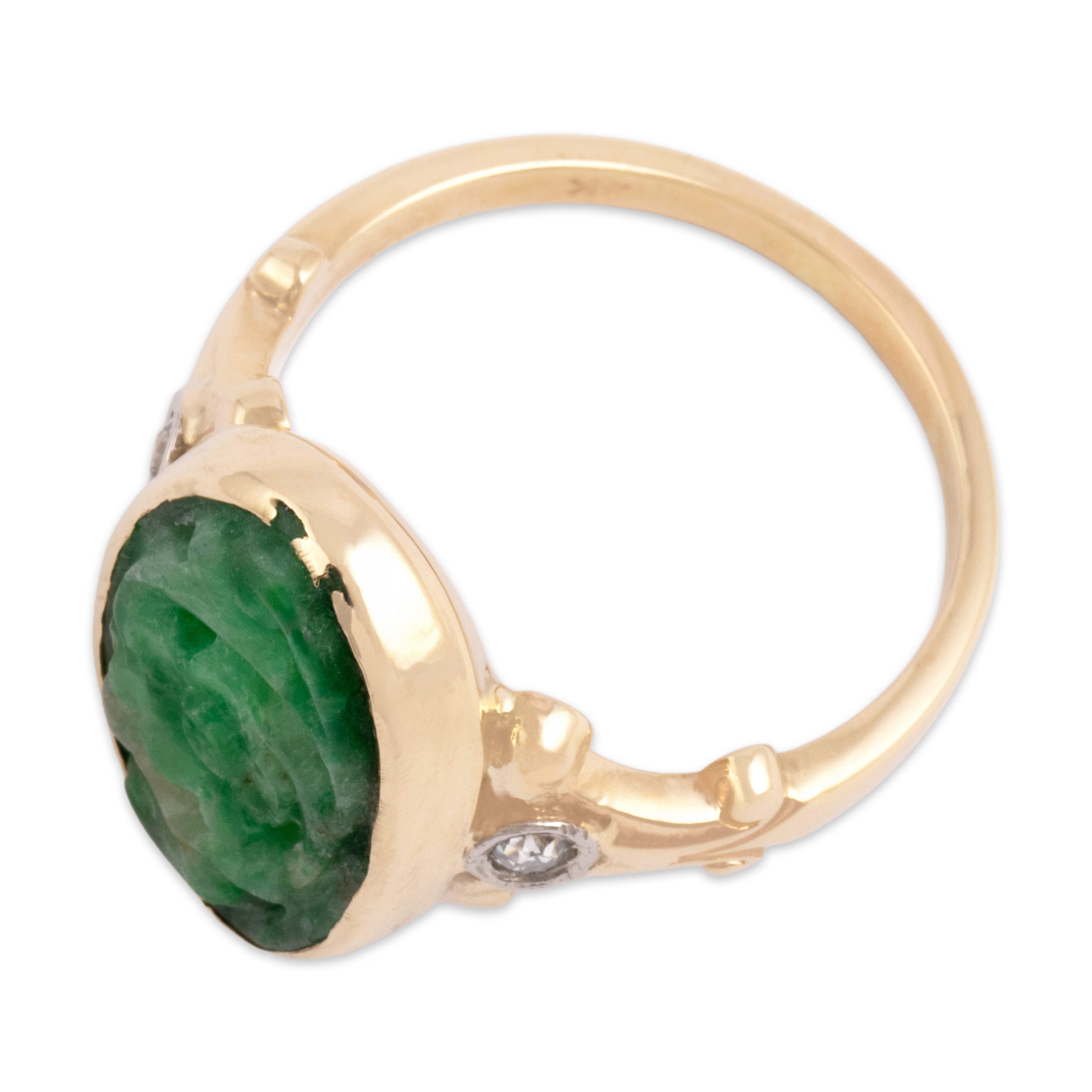 Antique 14k Yellow Gold 3.48ct Jade Old Mine Cut Diamond Lush Carved Floral Sparkle Ring - Overall view