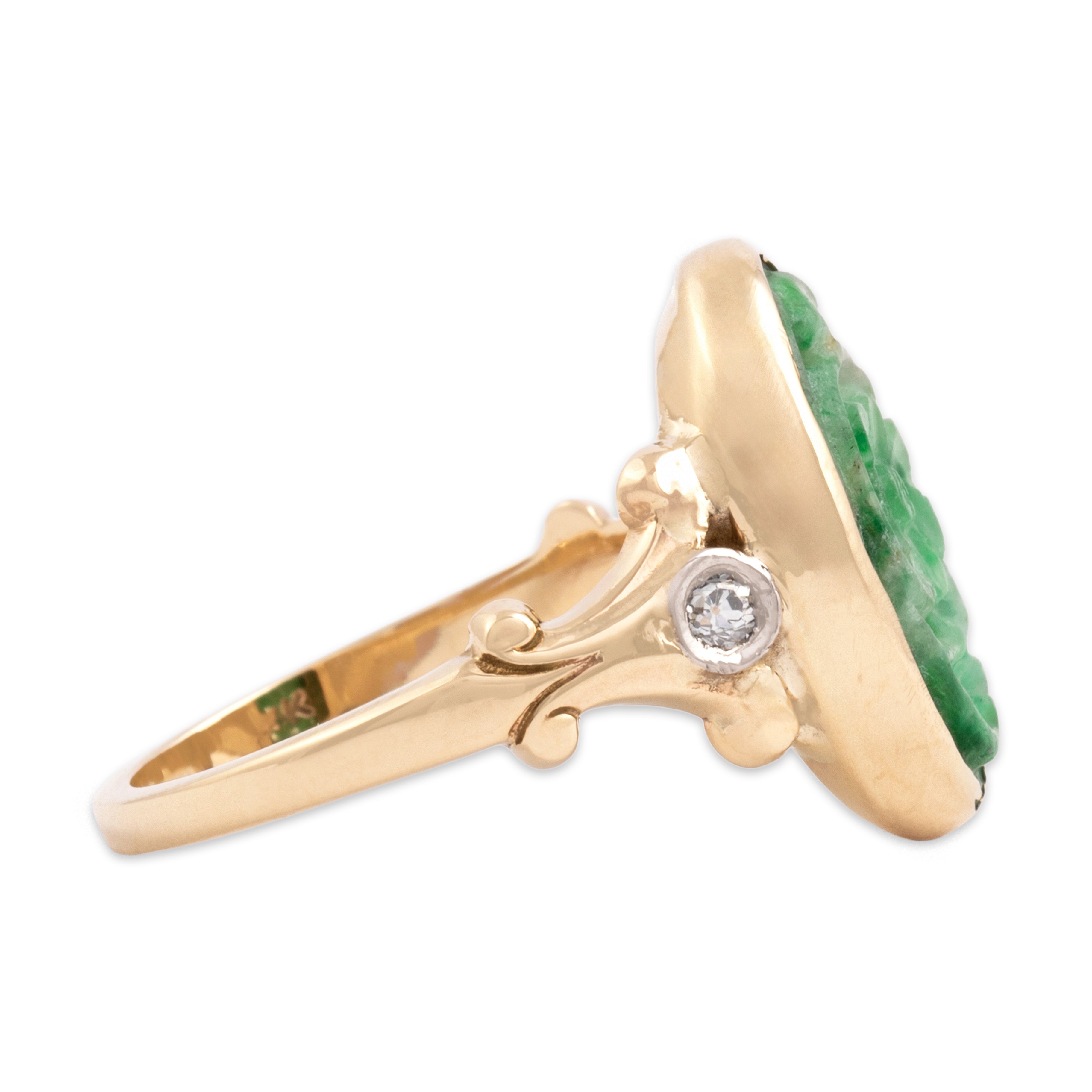 Antique 14k Yellow Gold 3.48ct Jade Old Mine Cut Diamond Lush Carved Floral Sparkle Ring - Side view