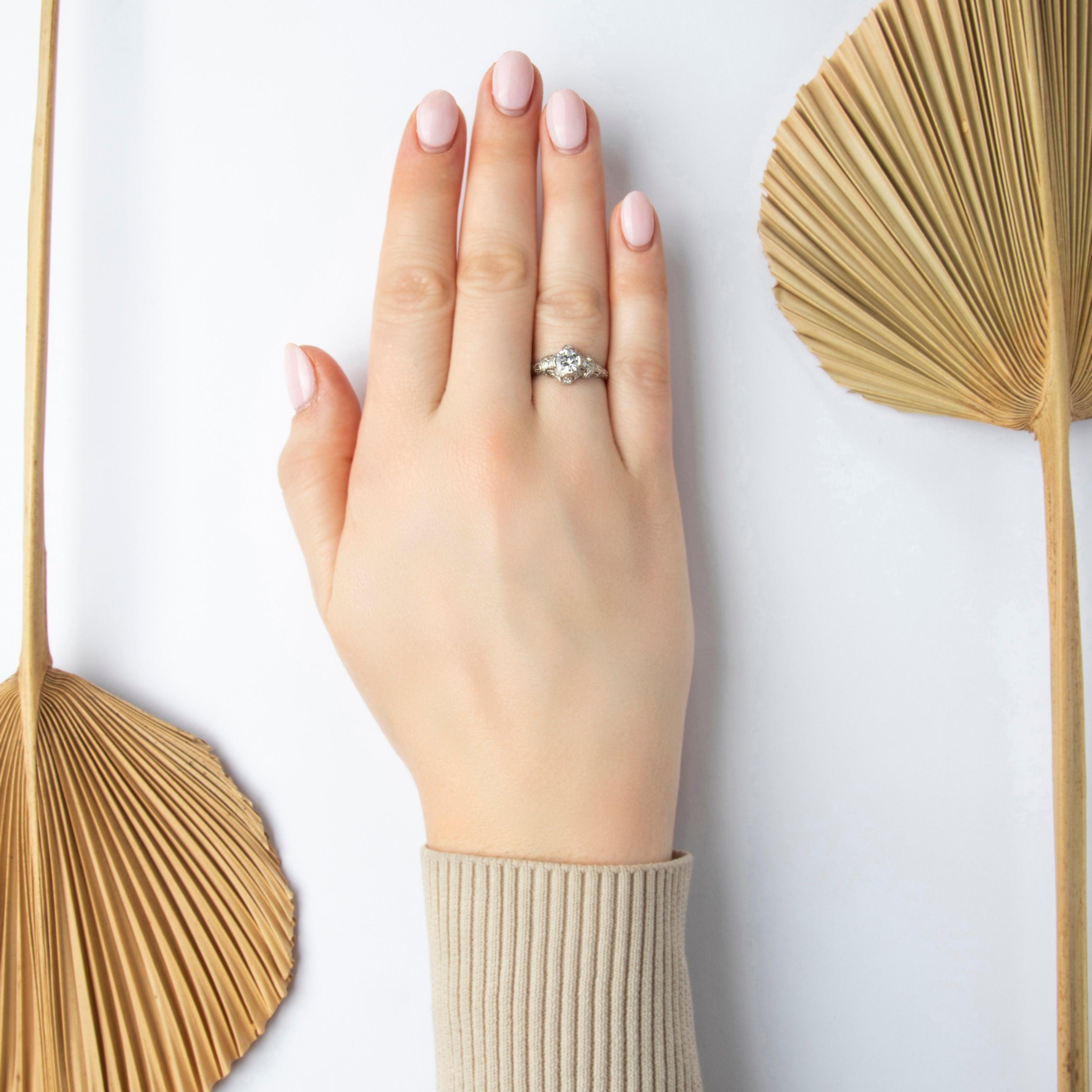 Antique Platinum Old European Cut Diamond Intricate Pierced Filigree Ring - On model view