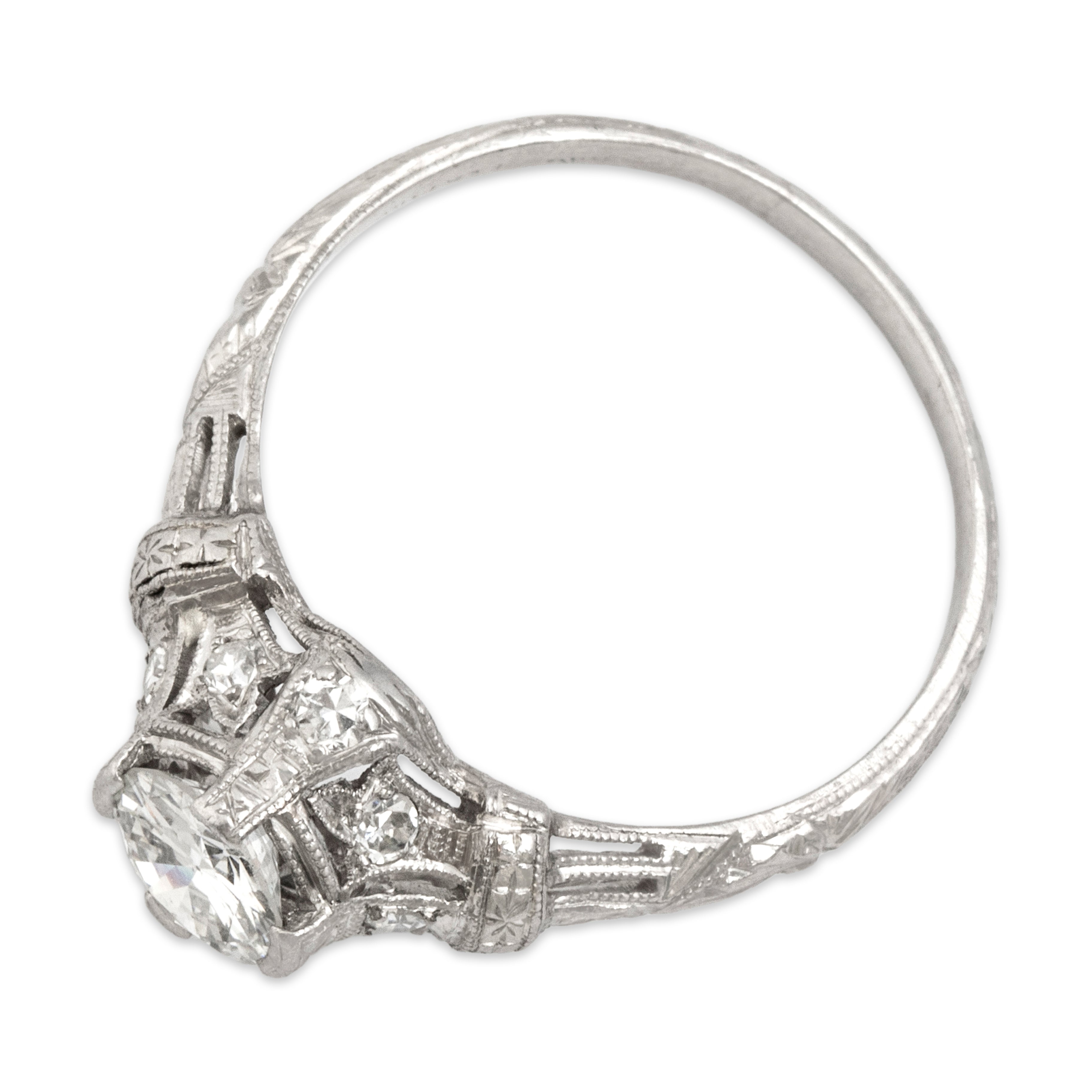 Antique Platinum Old European Cut Diamond Intricate Pierced Filigree Ring - Overall view