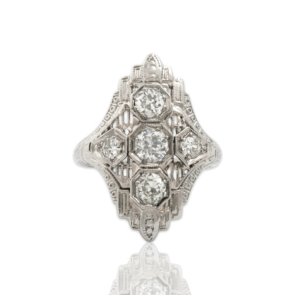 Antique Art Deco 14k White Gold .79cttw Old European & Old Mine Cut Diamond Ring 4.50