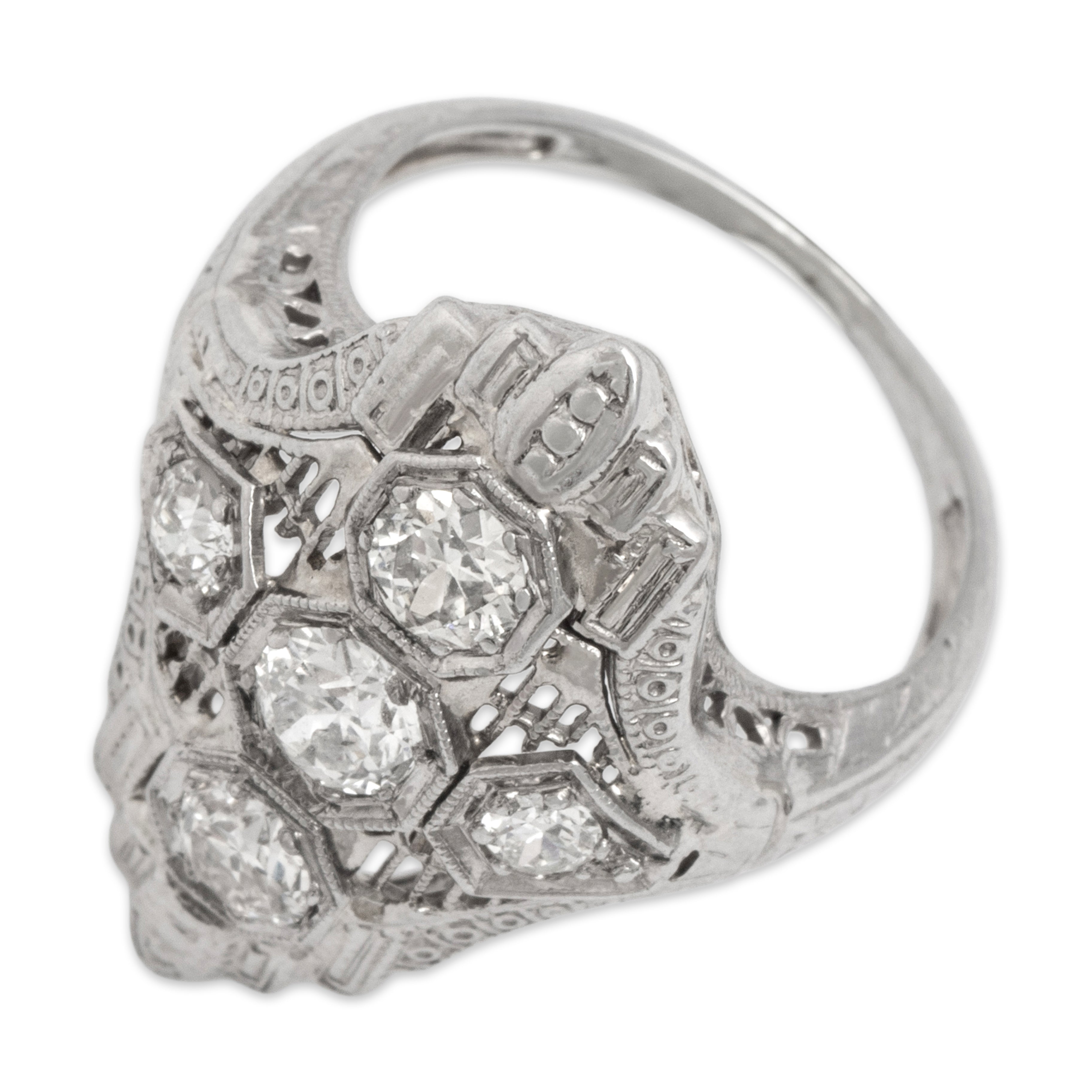 Antique Art Deco 14k White Gold .79cttw Diamond Incredible Openwork Shield Ring - Overall view