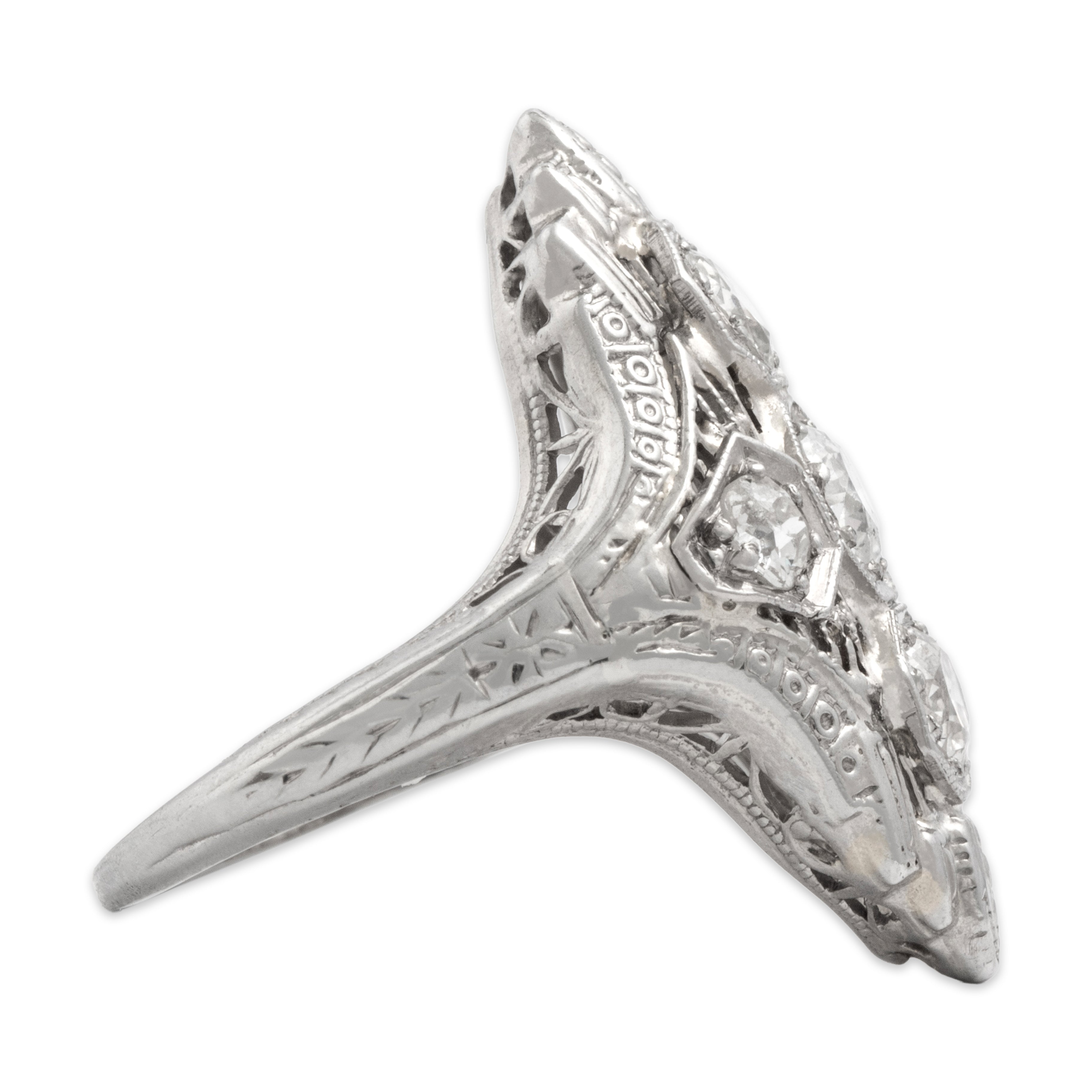 Antique Art Deco 14k White Gold .79cttw Diamond Incredible Openwork Shield Ring - Side view