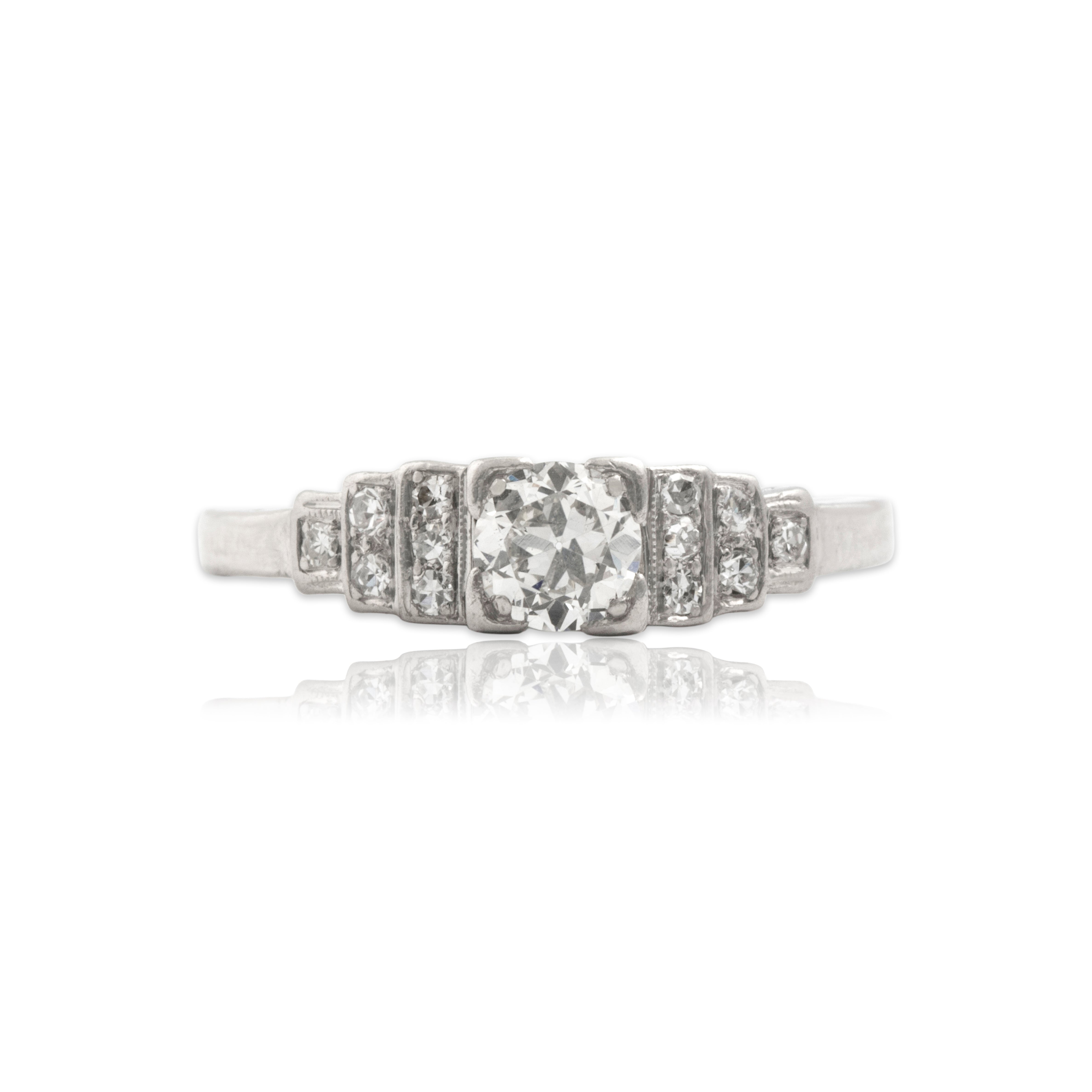 Antique Platinum Old European Cut Diamond Diamond Superb Step Shoulder Ring - Close-up view