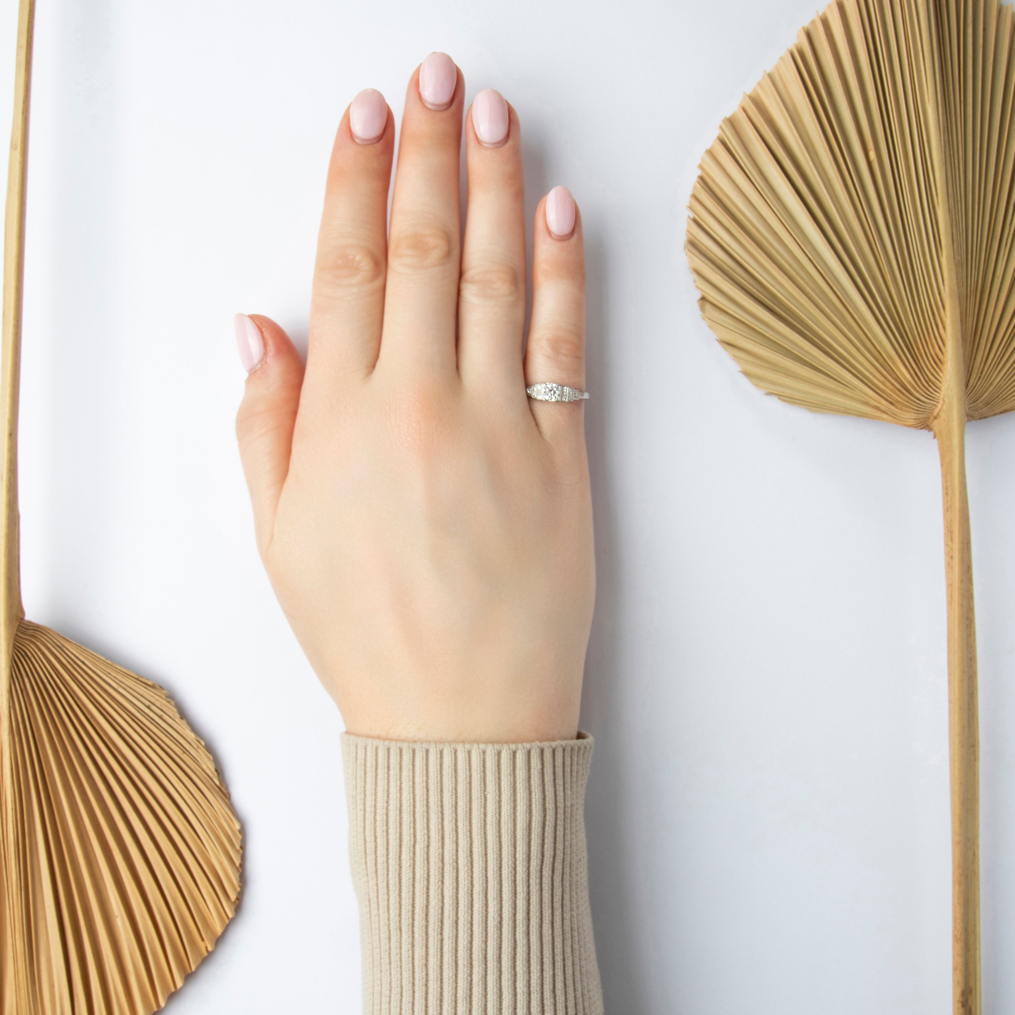 Antique Platinum Old European Cut Diamond Diamond Superb Step Shoulder Ring - On model view