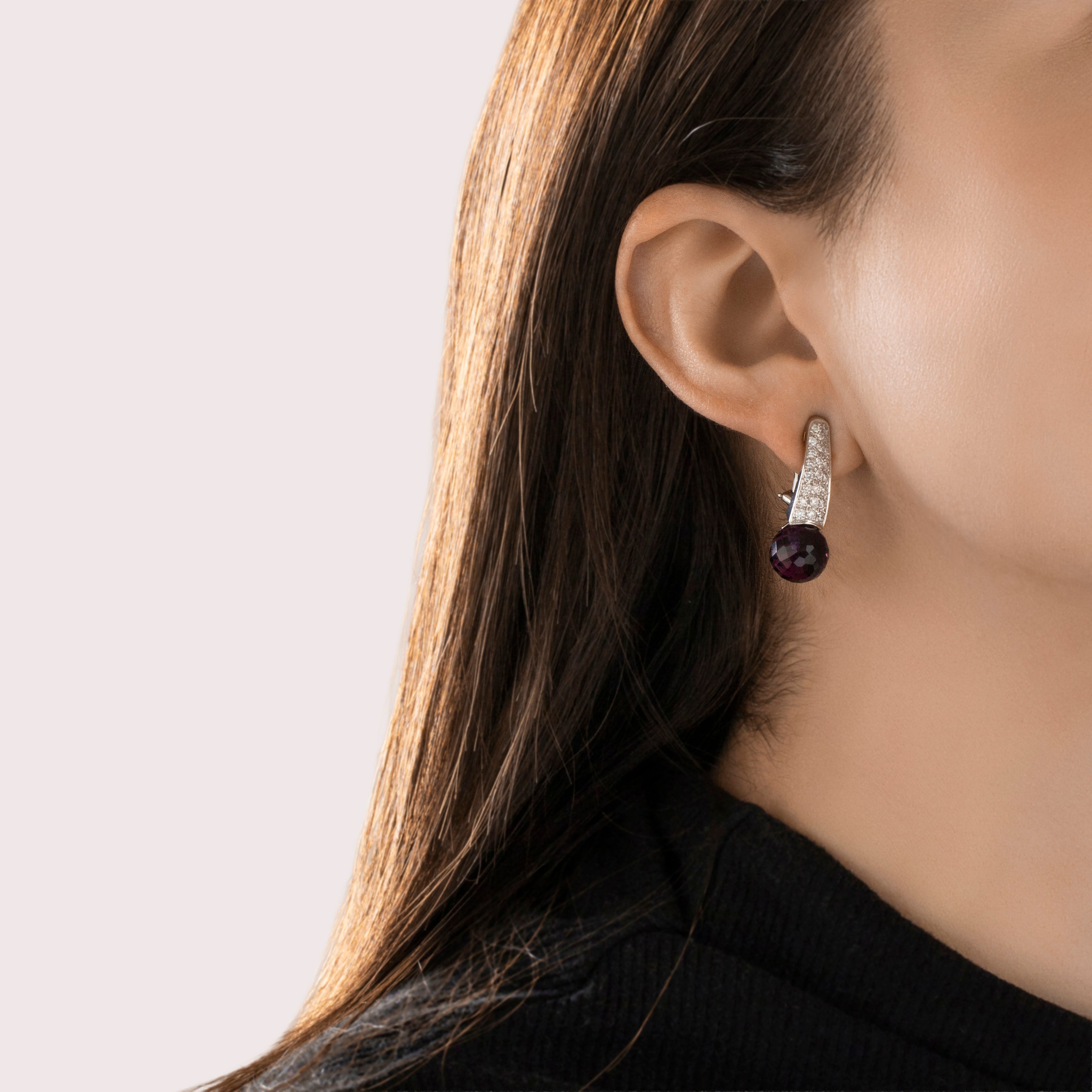 Vintage 18k White Gold 16.57cttw Amethyst Diamond Striking Drop Earrings - On model view