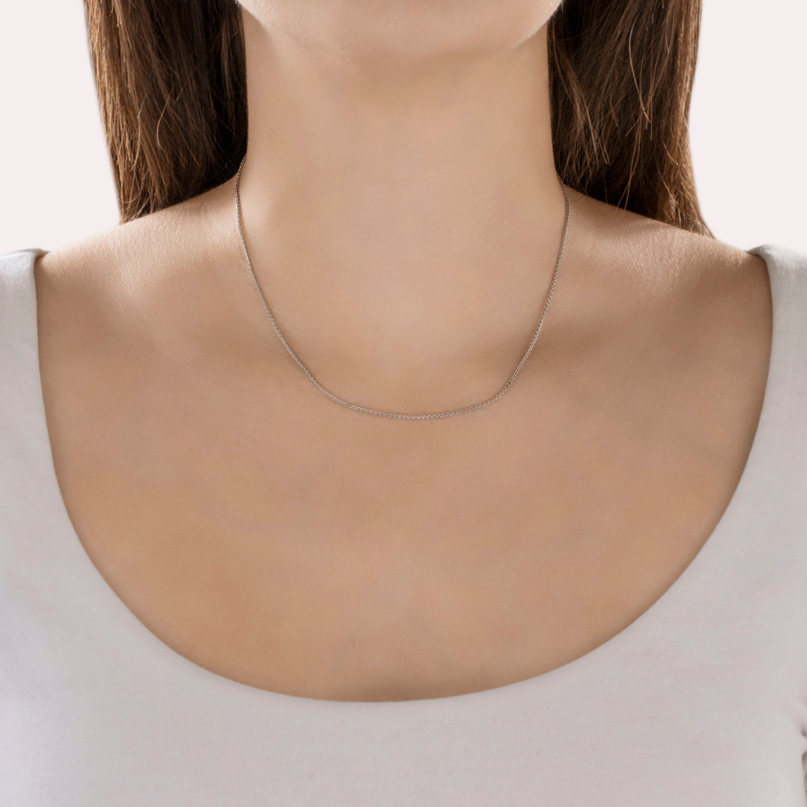 Vintage Italian 18k White Gold Sleek Wheat Chain Necklace - On model view