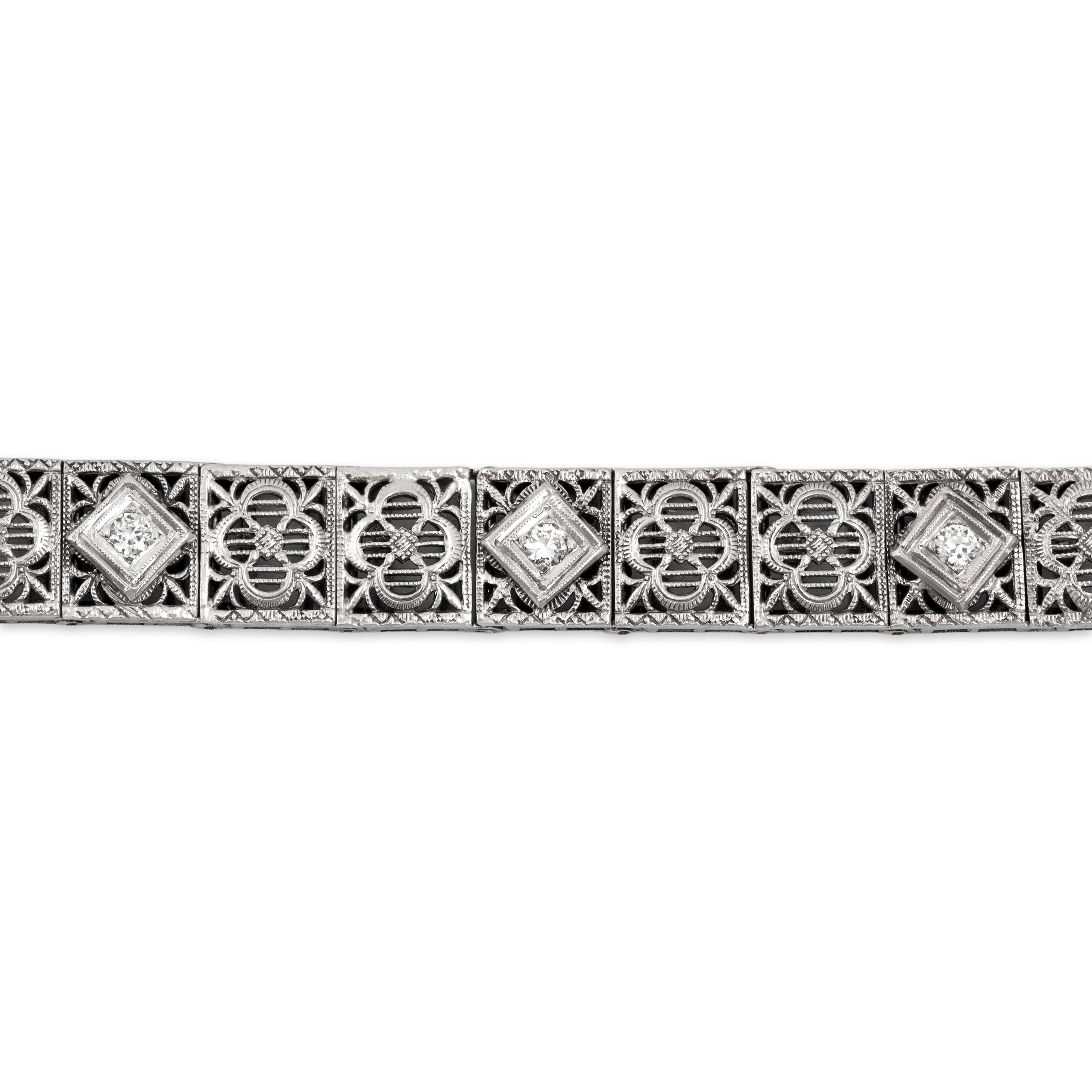 Antique 14k White Gold Old European Cut Diamond Openwork Link Bracelet - Close-up view