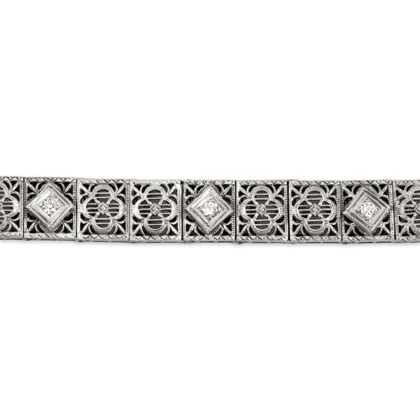 Antique 14k White Gold Old European Cut Diamond Openwork Link Bracelet 6.5