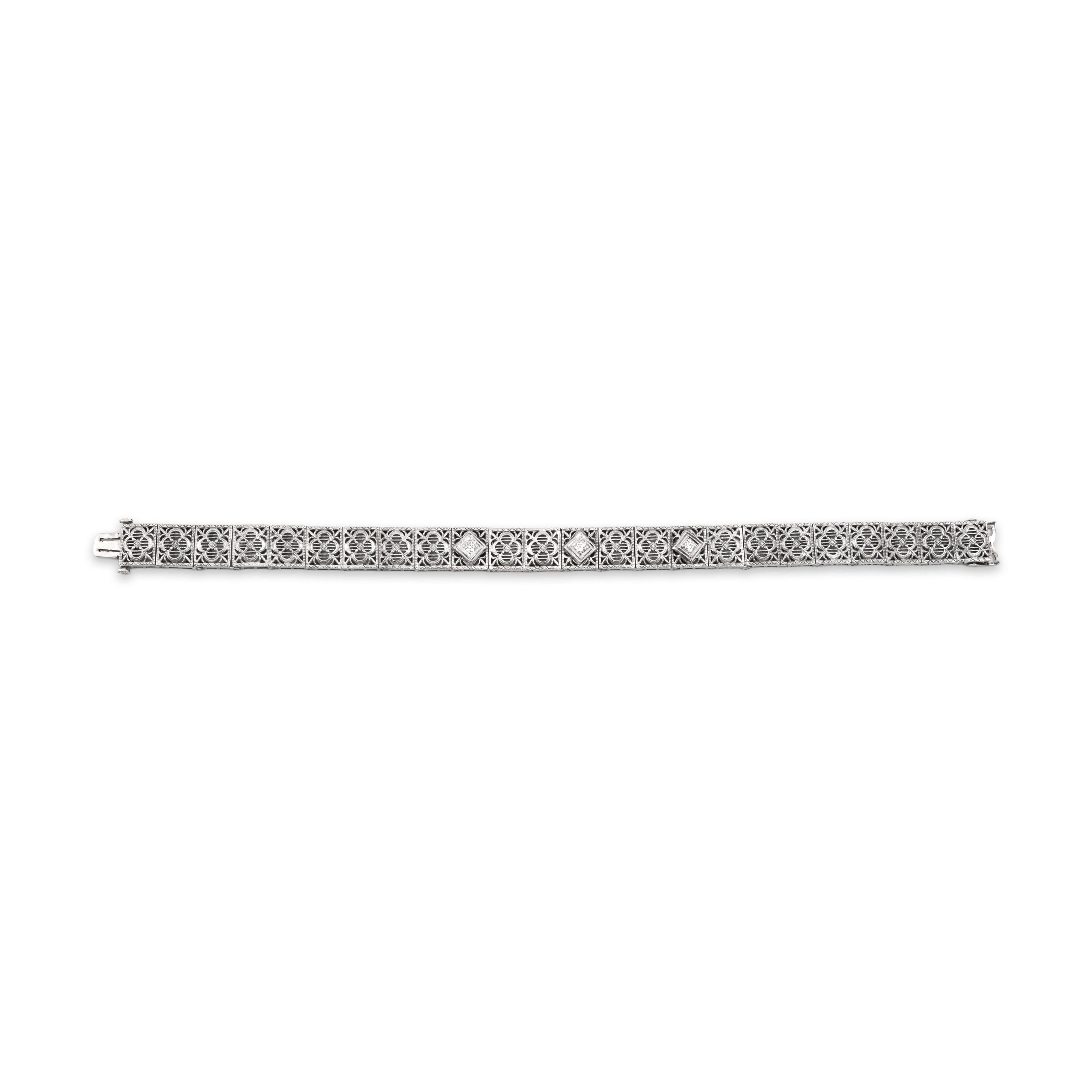 Antique 14k White Gold Old European Cut Diamond Openwork Link Bracelet - Overall view
