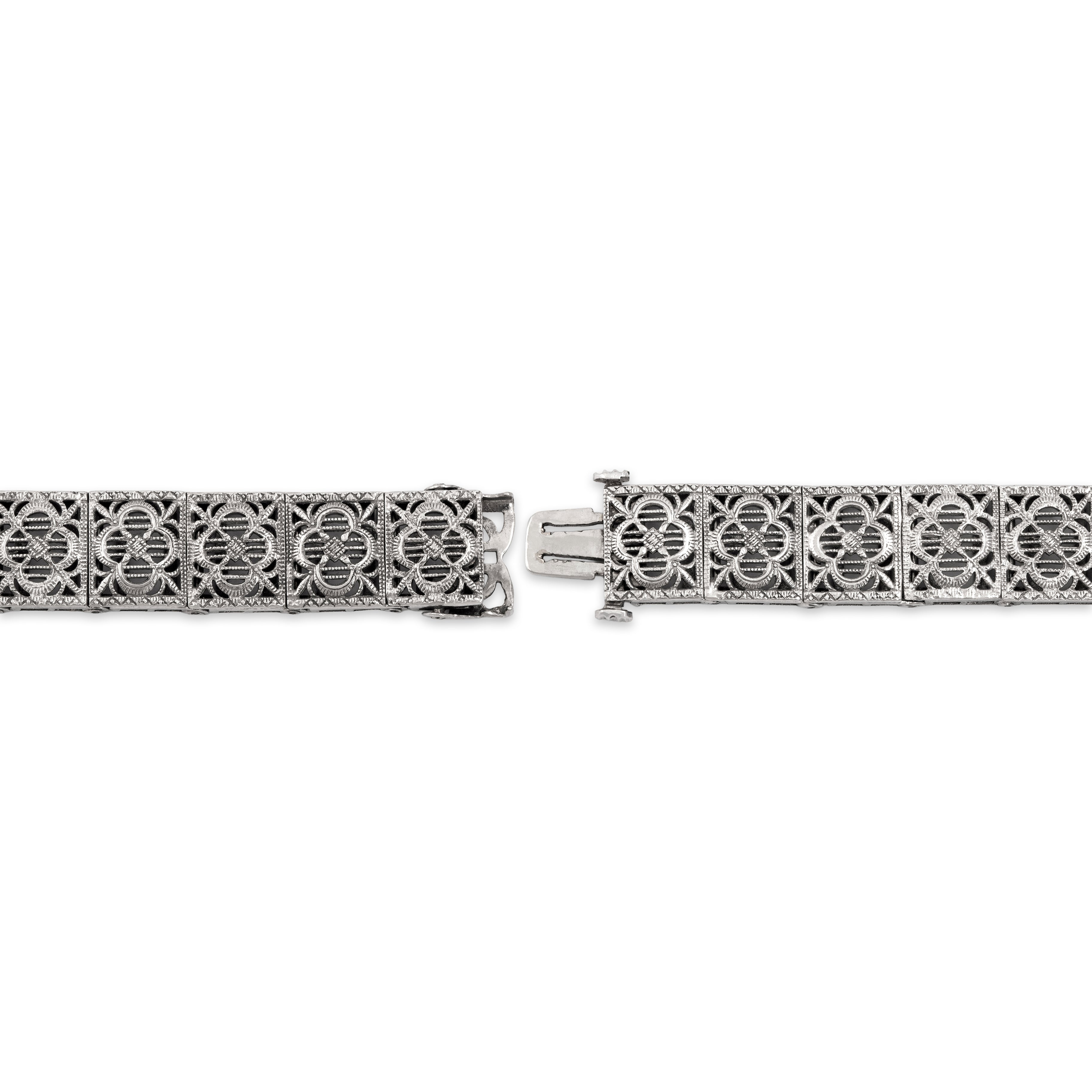 Antique 14k White Gold Old European Cut Diamond Openwork Link Bracelet - clasp view