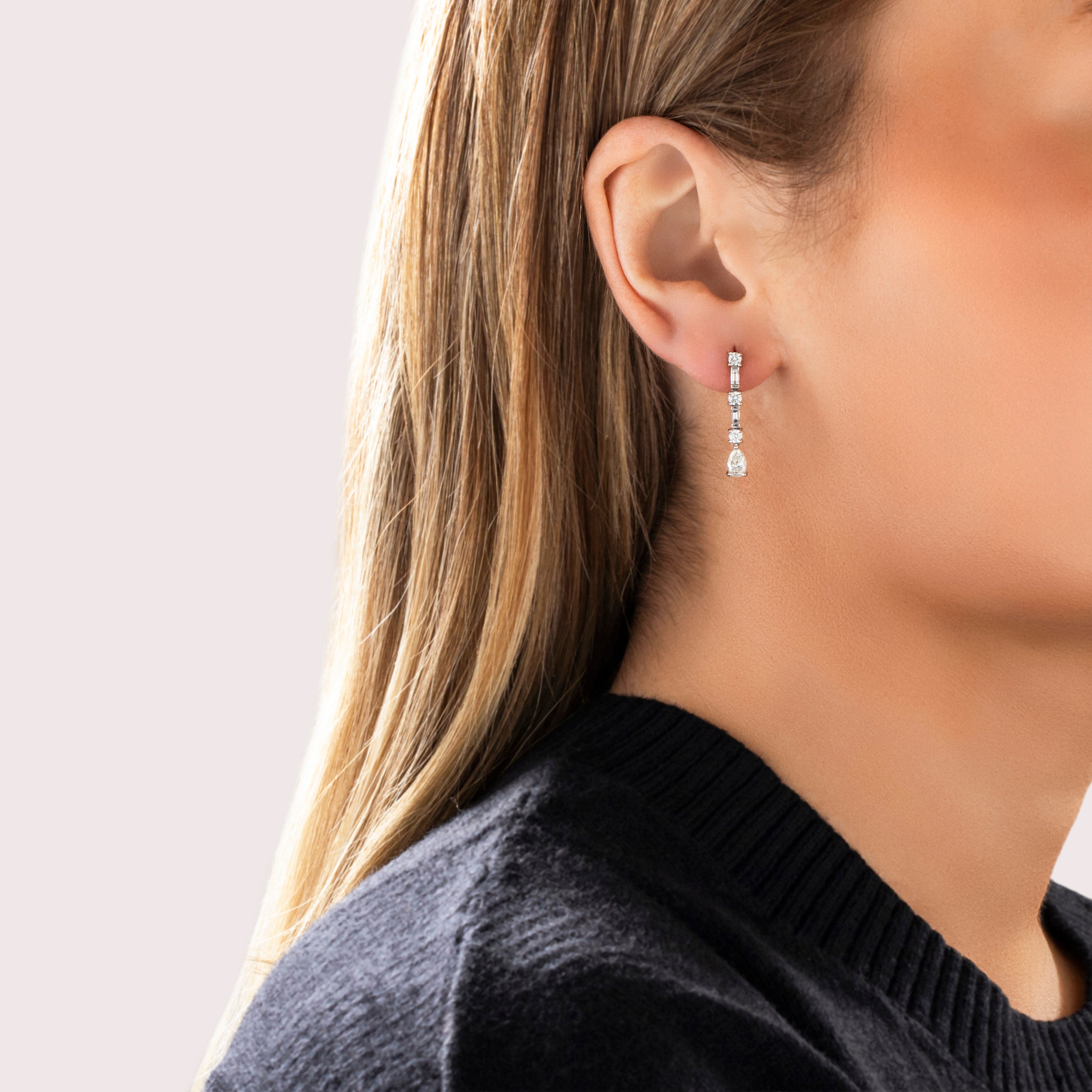 Vintage 18k White Gold 1.37cttw Diamond Mixed-Cut Teardrop Earrings - On model view