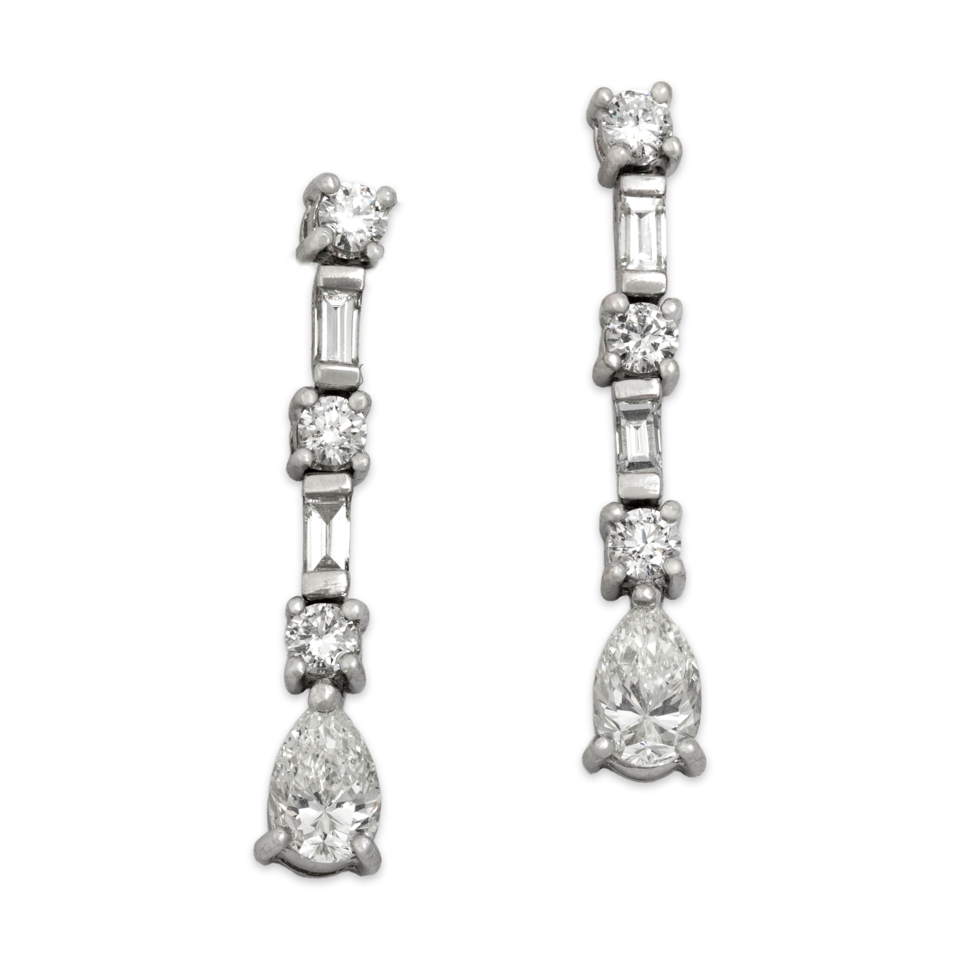 Vintage 18k White Gold 1.37cttw Diamond Fantastic Mixed-Cut Teardrop Earrings