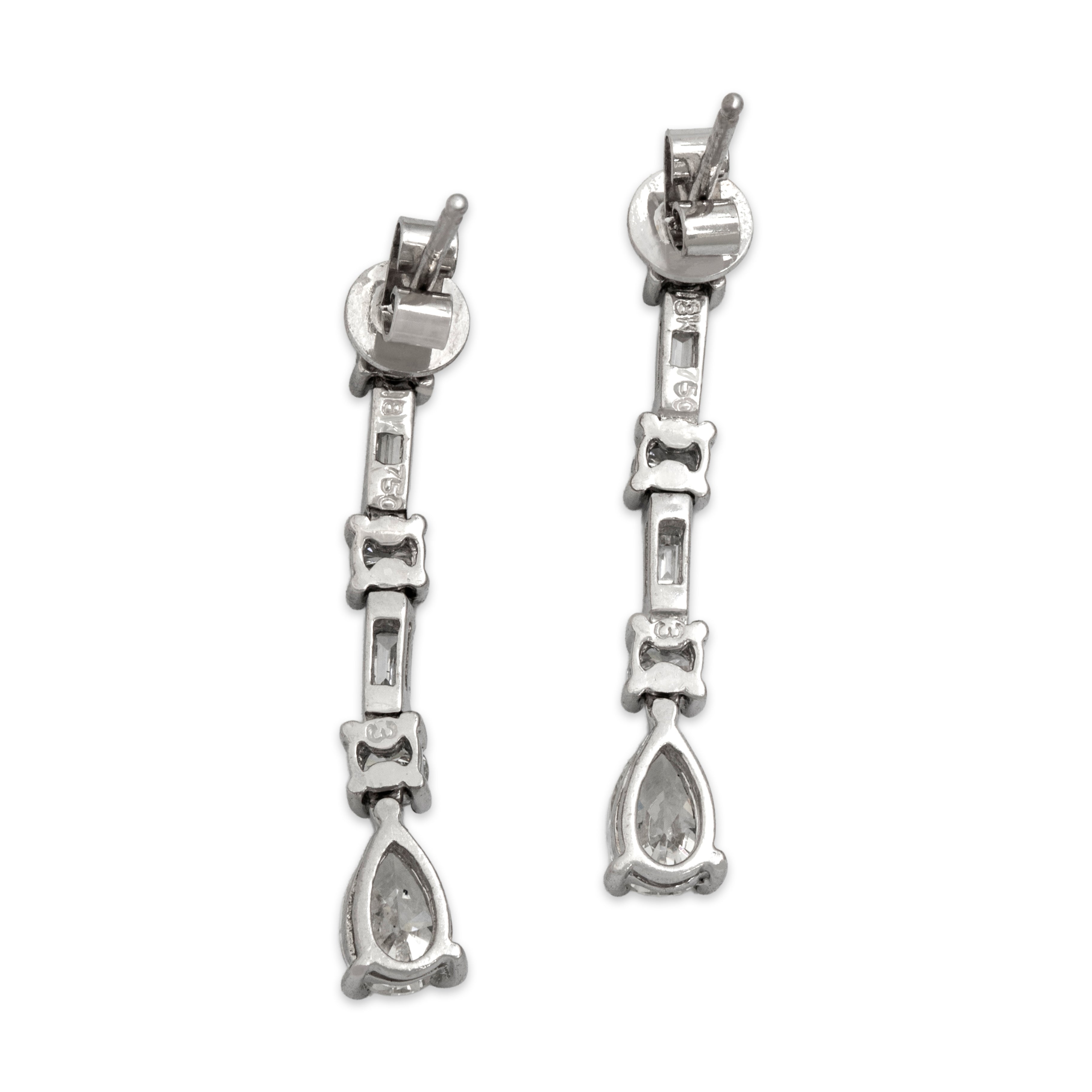 Vintage 18k White Gold 1.37cttw Diamond Mixed-Cut Teardrop Earrings - Back view