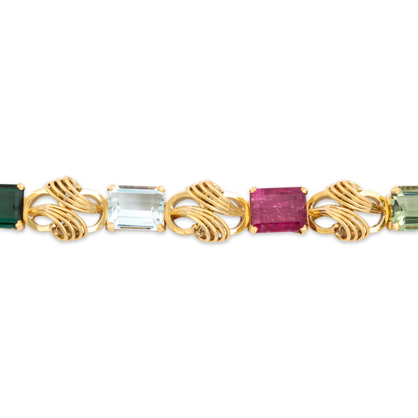 Vintage 18k Yellow Gold Multistone Outstanding Scrolling Link Bracelet 6.75