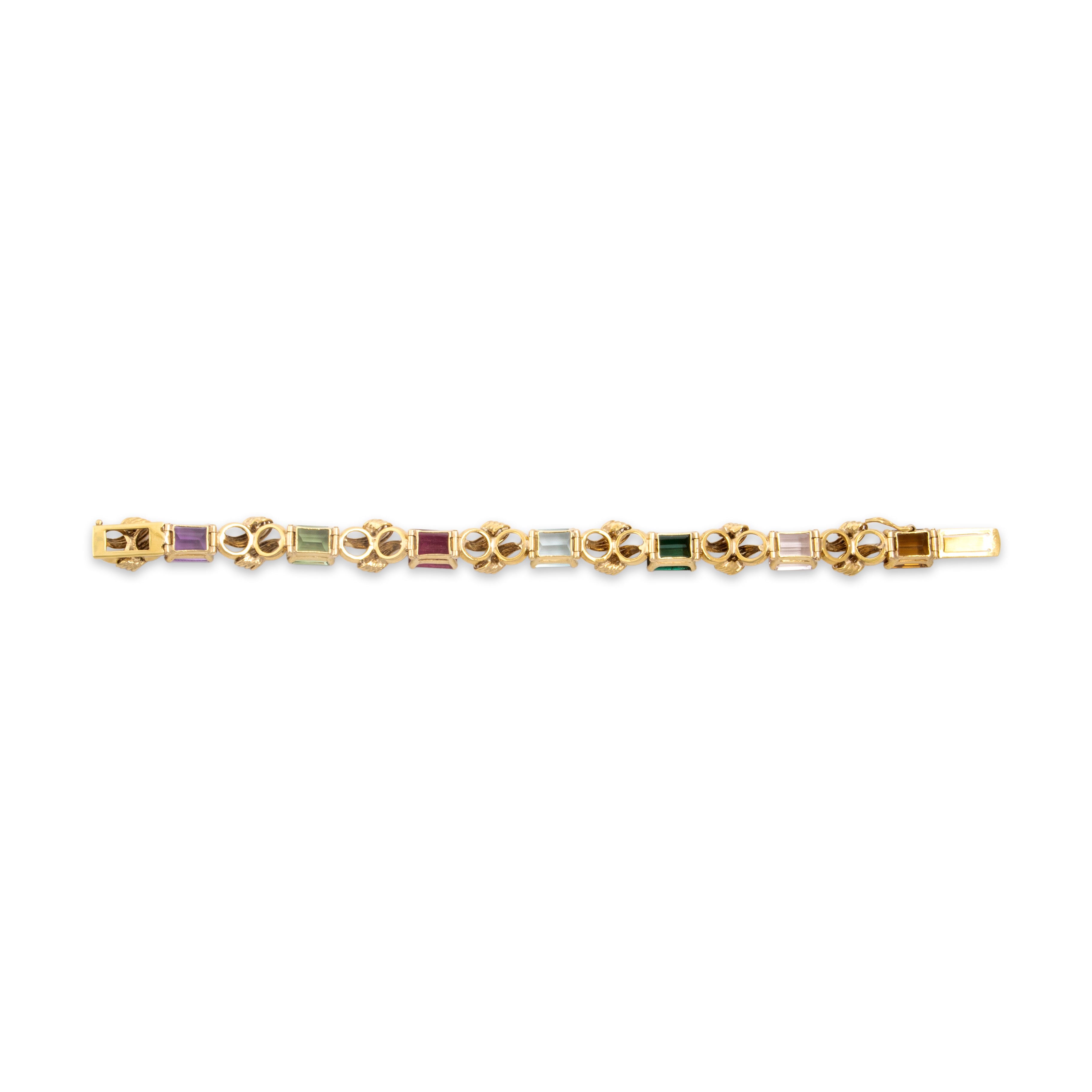 Vintage 18k Yellow Gold 5.75cttw Tourmaline 3.54ct Light Blue Topaz 2.95ct Morganite 2.91ct Smoky Citrine 2.82ct Green Quartz 2.55ct Amethyst Outstanding Scrolling Link Rainbow Bracelet - Back view