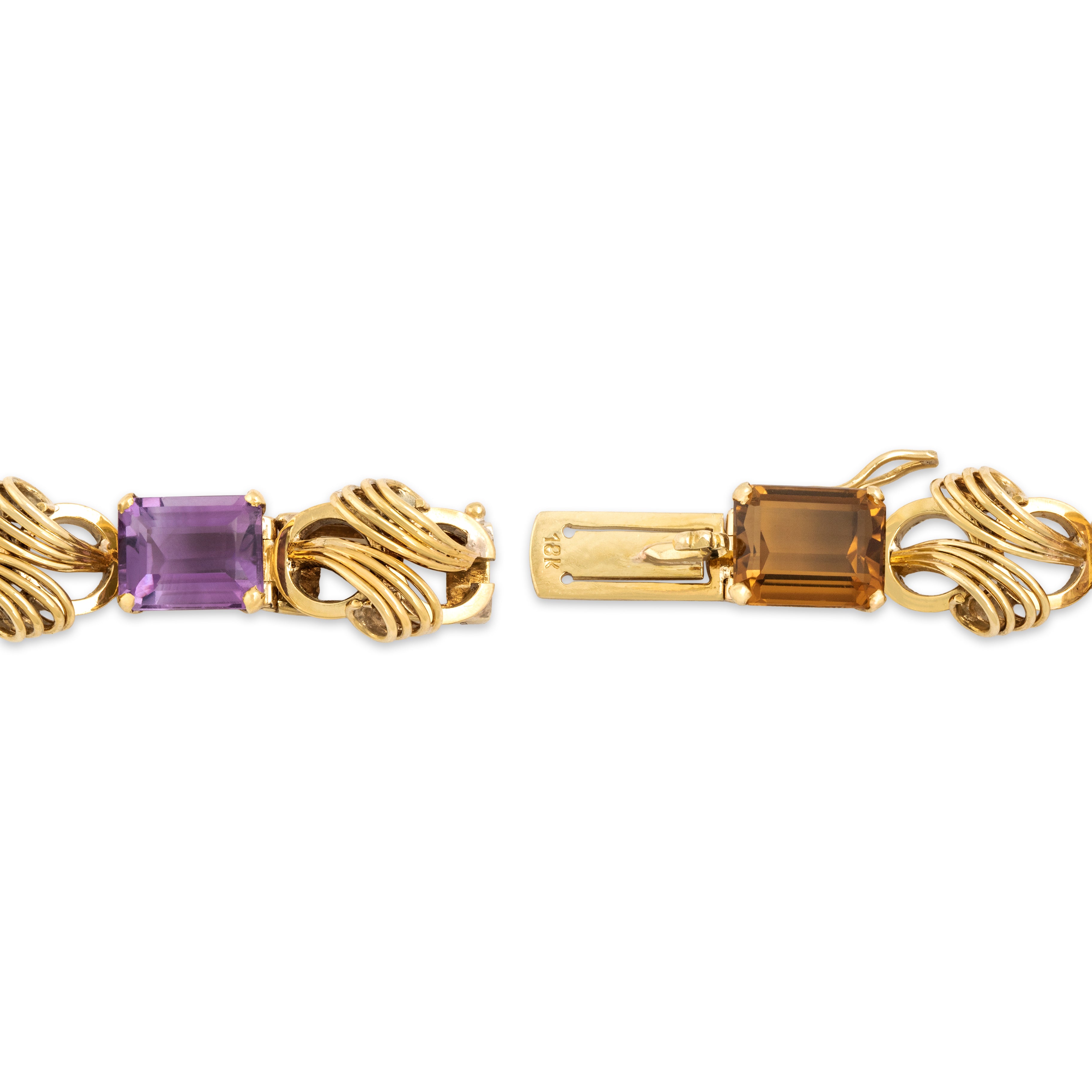 Vintage 18k Yellow Gold 5.75cttw Tourmaline 3.54ct Light Blue Topaz 2.95ct Morganite 2.91ct Smoky Citrine 2.82ct Green Quartz 2.55ct Amethyst Outstanding Scrolling Link Rainbow Bracelet - clasp view