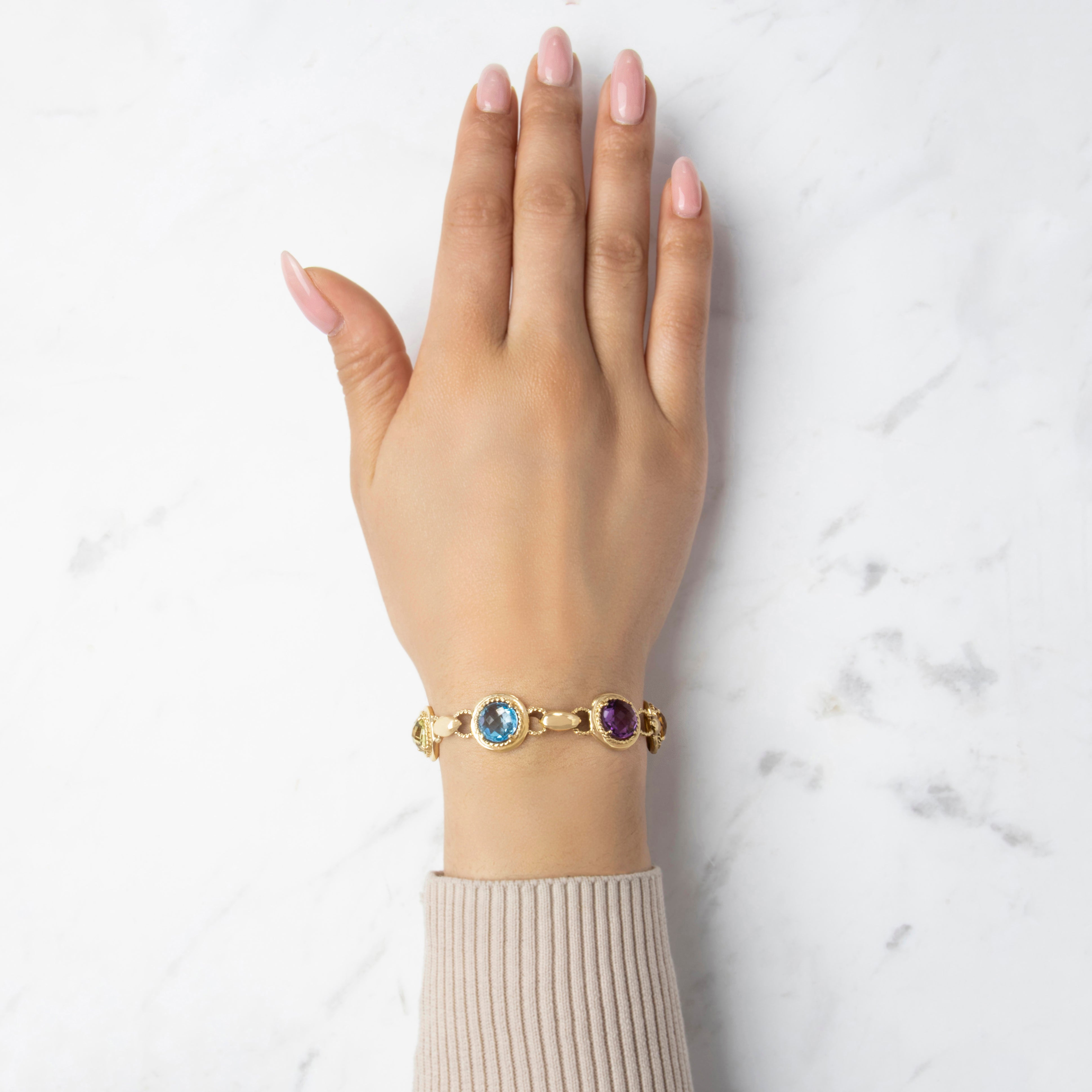 Vintage 14k Yellow Gold Multistone Colorful Round Cable Station Bracelet 6.75