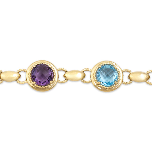 Vintage 14k Yellow Gold Multistone Colorful Round Cable Station Bracelet 6.75