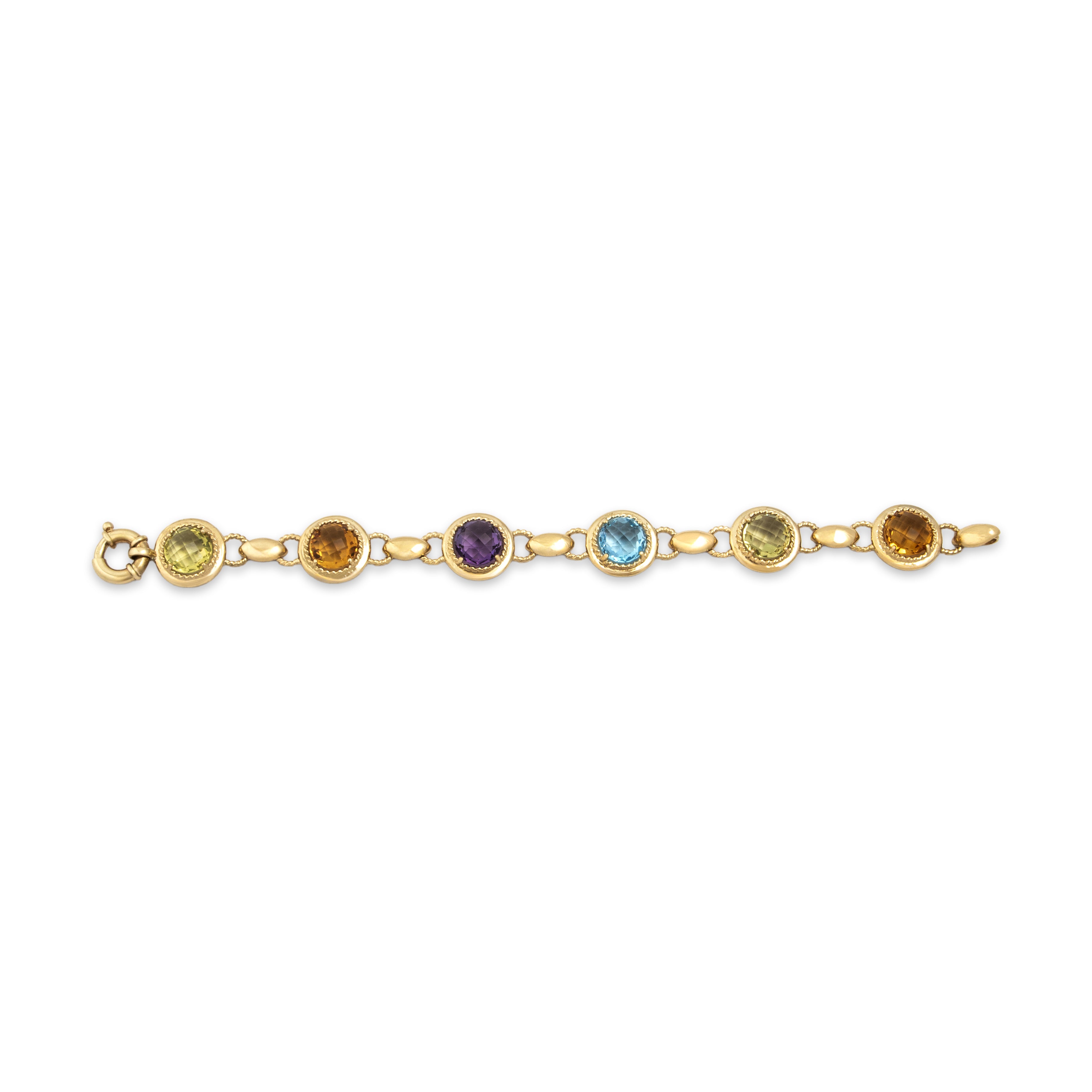 Vibrant Vintage 14k Yellow Gold 5.33cttw Citrine 5.14cttw Lemon Quartz 4.07ct Blue Topaz 2.81ct Amethyst Round Cable Station Bracelet - Overall view