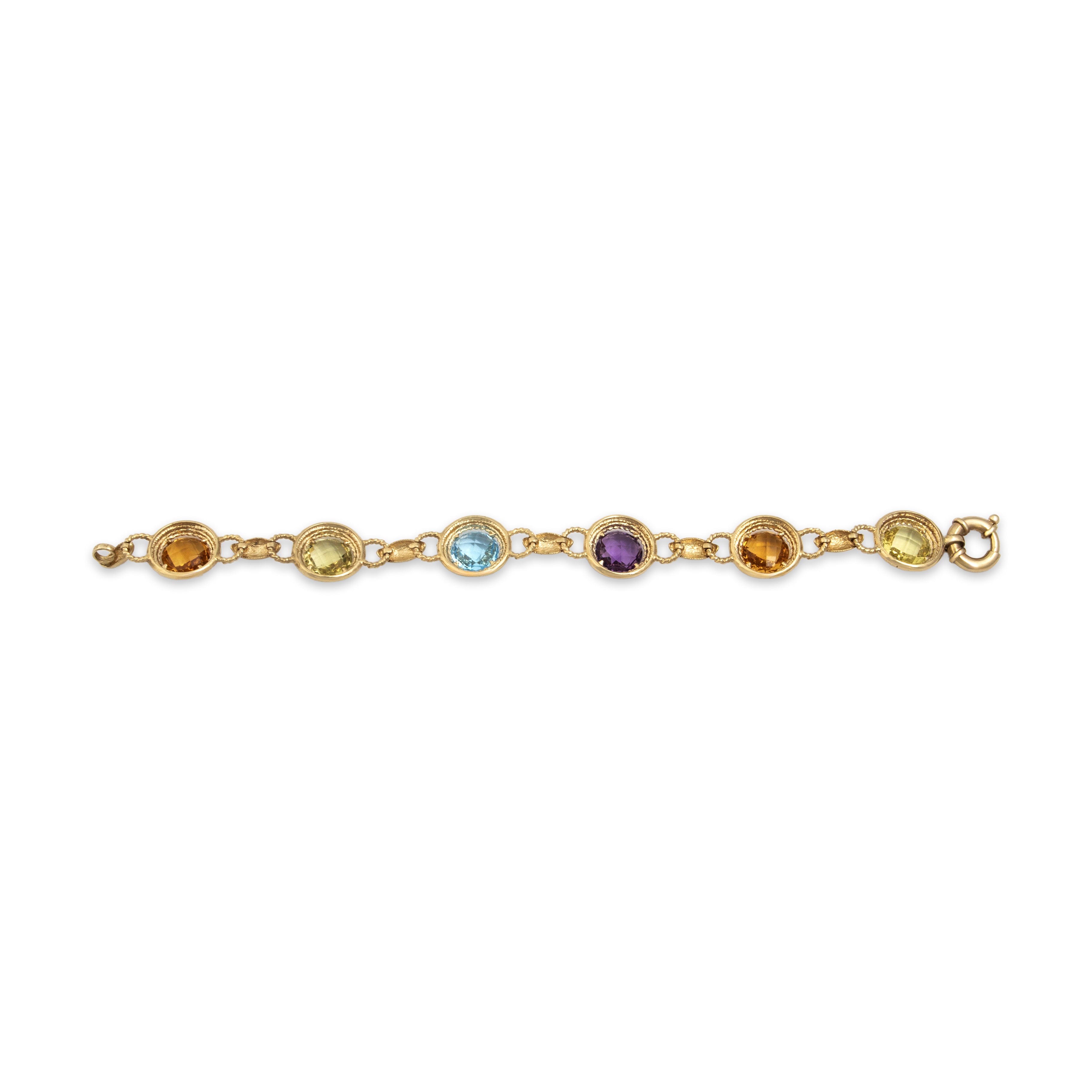 Vibrant Vintage 14k Yellow Gold 5.33cttw Citrine 5.14cttw Lemon Quartz 4.07ct Blue Topaz 2.81ct Amethyst Round Cable Station Bracelet - Back view